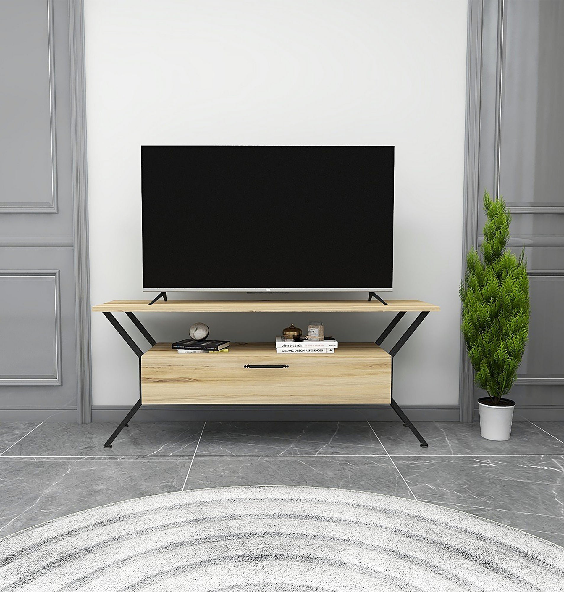 Suporte de TV industrial, 124 cm de largura, 54 cm de altura, 35 cm de profundidade | Painel de partículas 100% revestido de melamina, 18 mm de espessura | Design elegante em preto e feltro com várias prateleiras