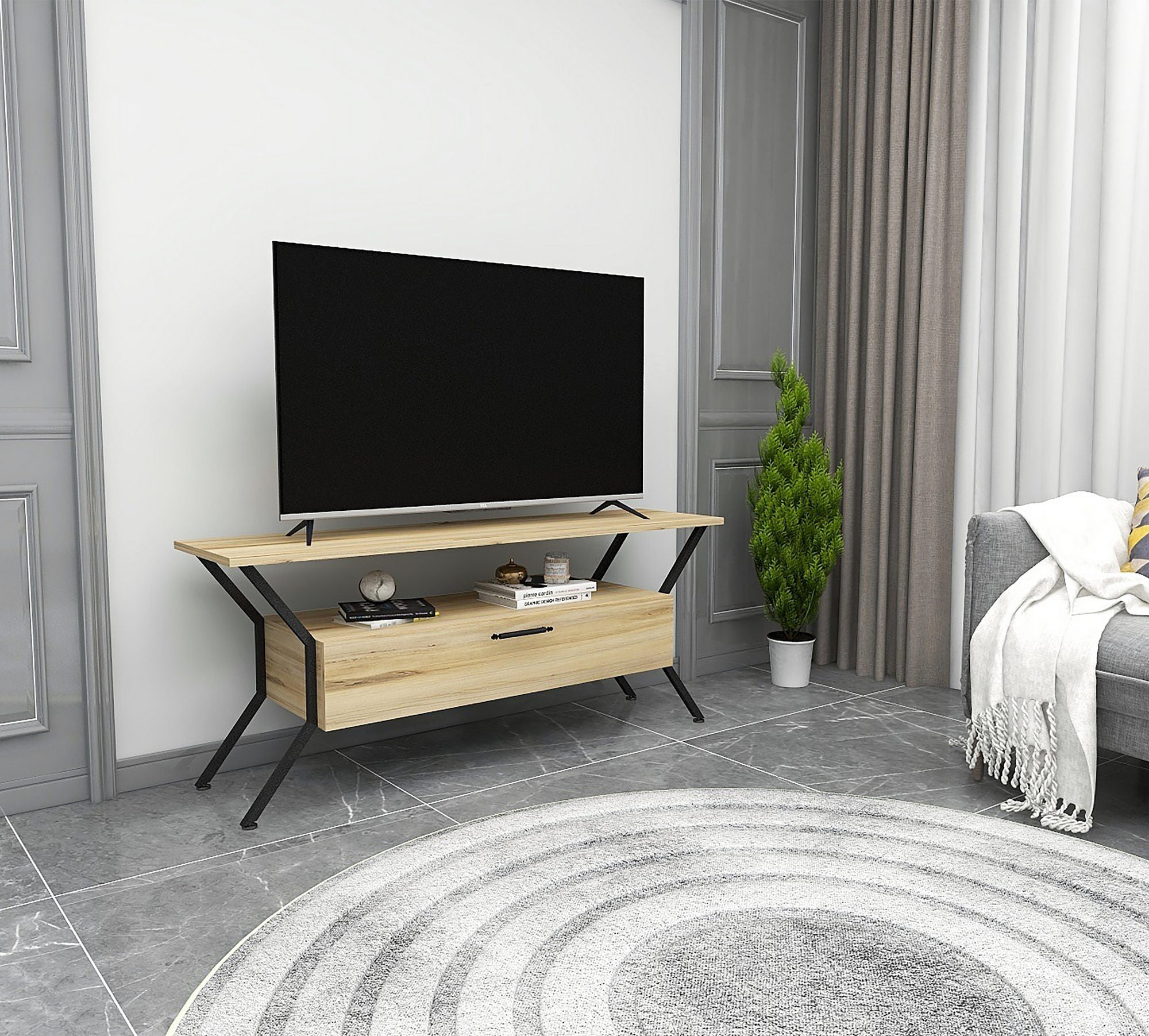 Suporte de TV industrial, 124 cm de largura, 54 cm de altura, 35 cm de profundidade | Painel de partículas 100% revestido de melamina, 18 mm de espessura | Design elegante em preto e feltro com várias prateleiras