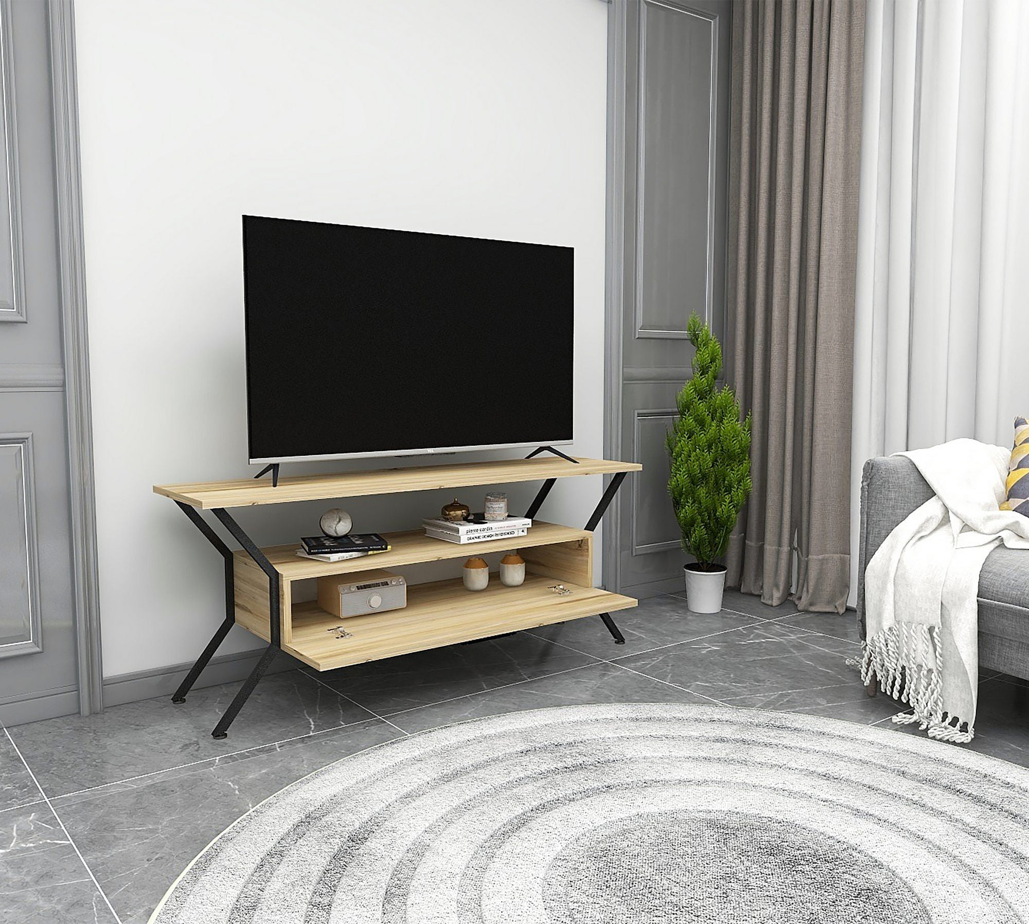 Suporte de TV industrial, 124 cm de largura, 54 cm de altura, 35 cm de profundidade | Painel de partículas 100% revestido de melamina, 18 mm de espessura | Design elegante em preto e feltro com várias prateleiras