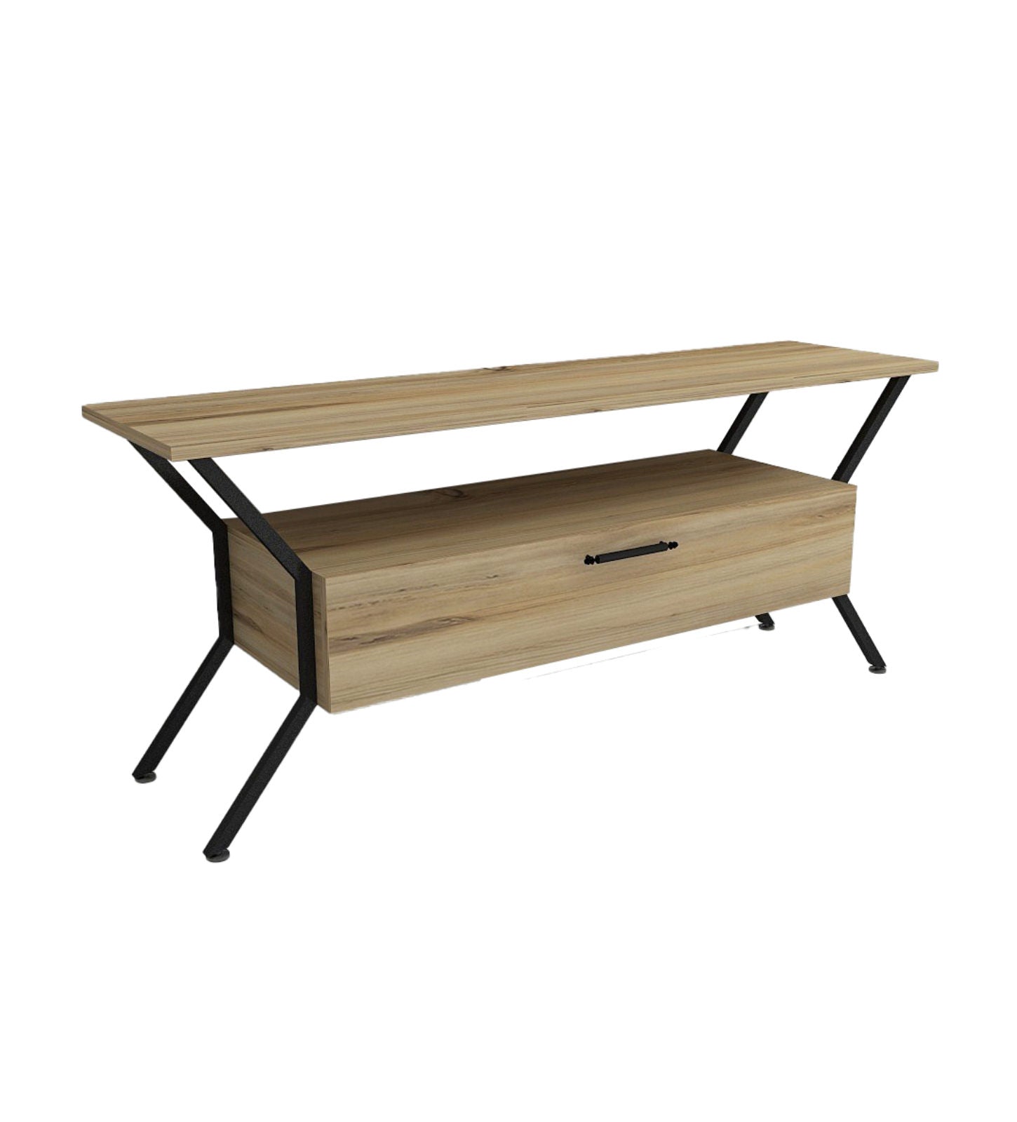 Suporte de TV industrial, 124 cm de largura, 54 cm de altura, 35 cm de profundidade | Painel de partículas 100% revestido de melamina, 18 mm de espessura | Design elegante em preto e feltro com várias prateleiras