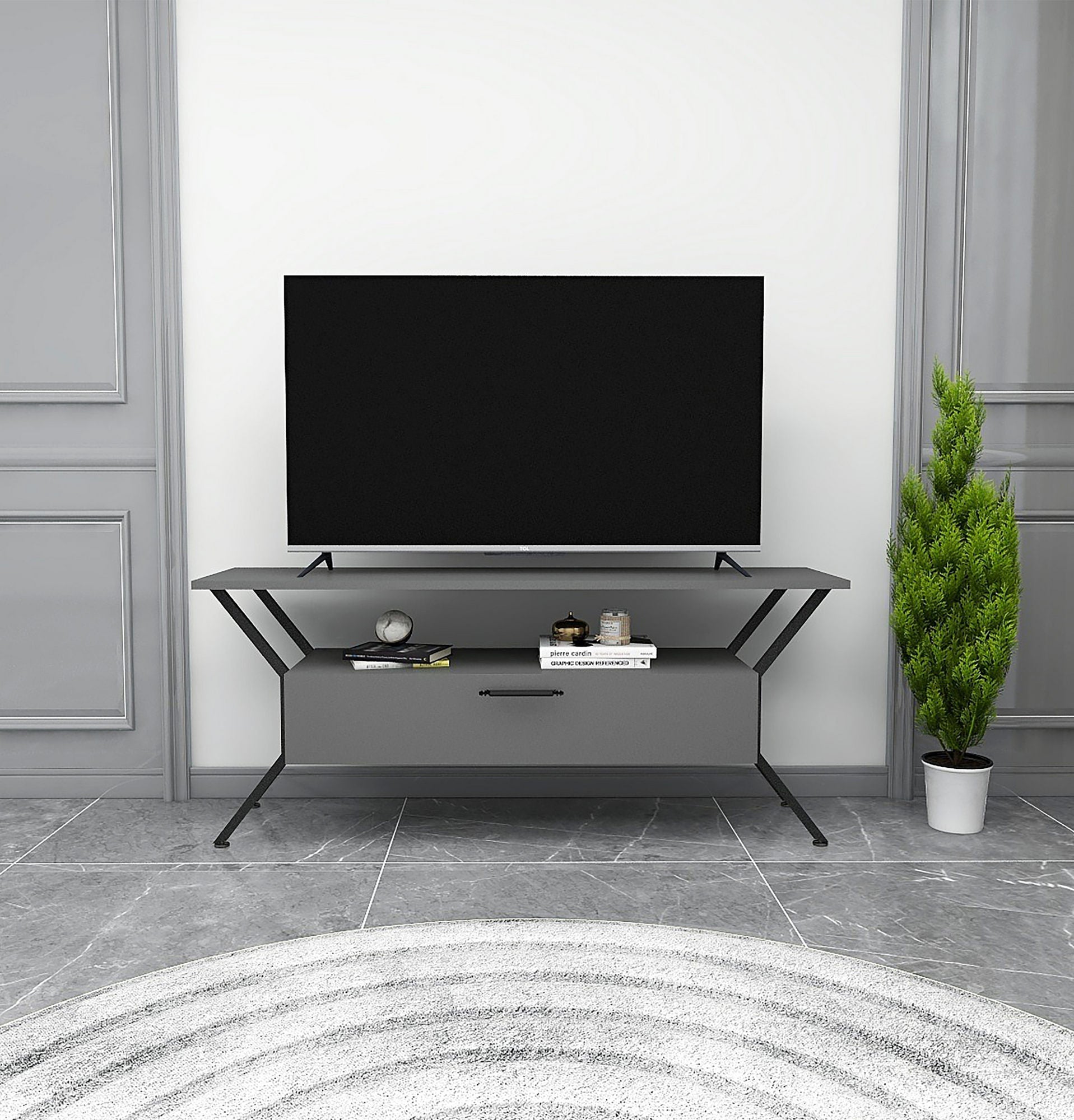 Suporte de TV industrial, antracite e preto, 124 x 54 x 35 cm | Painel de partículas 100% revestido de melamina, 18 mm de espessura | Design elegante com inúmeras prateleiras