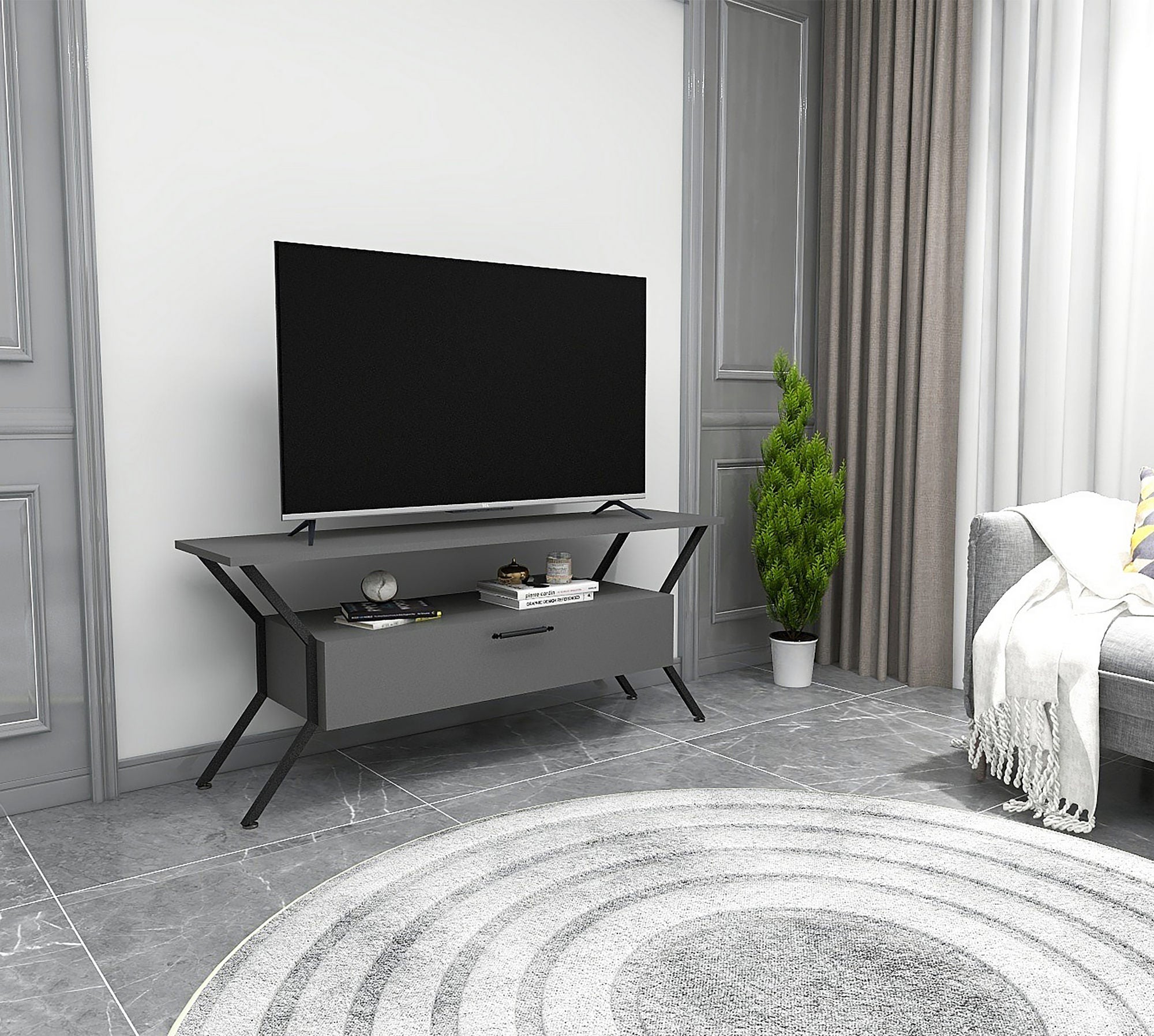 Suporte de TV industrial, antracite e preto, 124 x 54 x 35 cm | Painel de partículas 100% revestido de melamina, 18 mm de espessura | Design elegante com inúmeras prateleiras