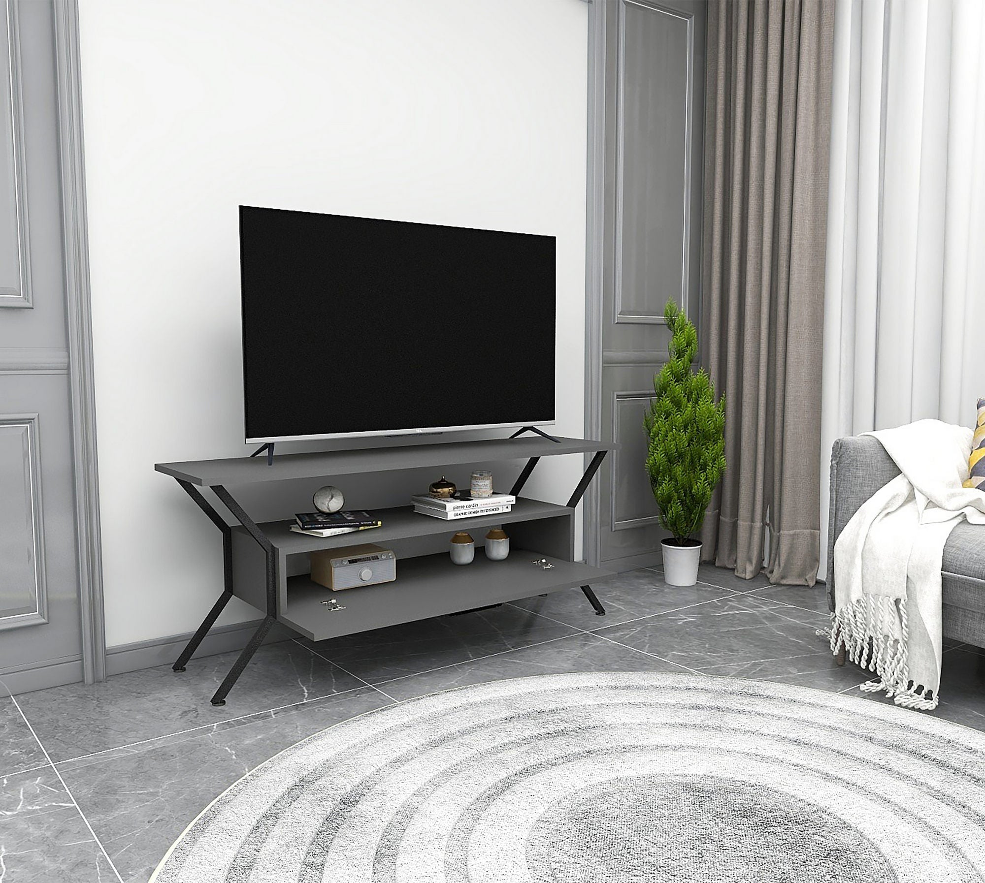 Suporte de TV industrial, antracite e preto, 124 x 54 x 35 cm | Painel de partículas 100% revestido de melamina, 18 mm de espessura | Design elegante com inúmeras prateleiras