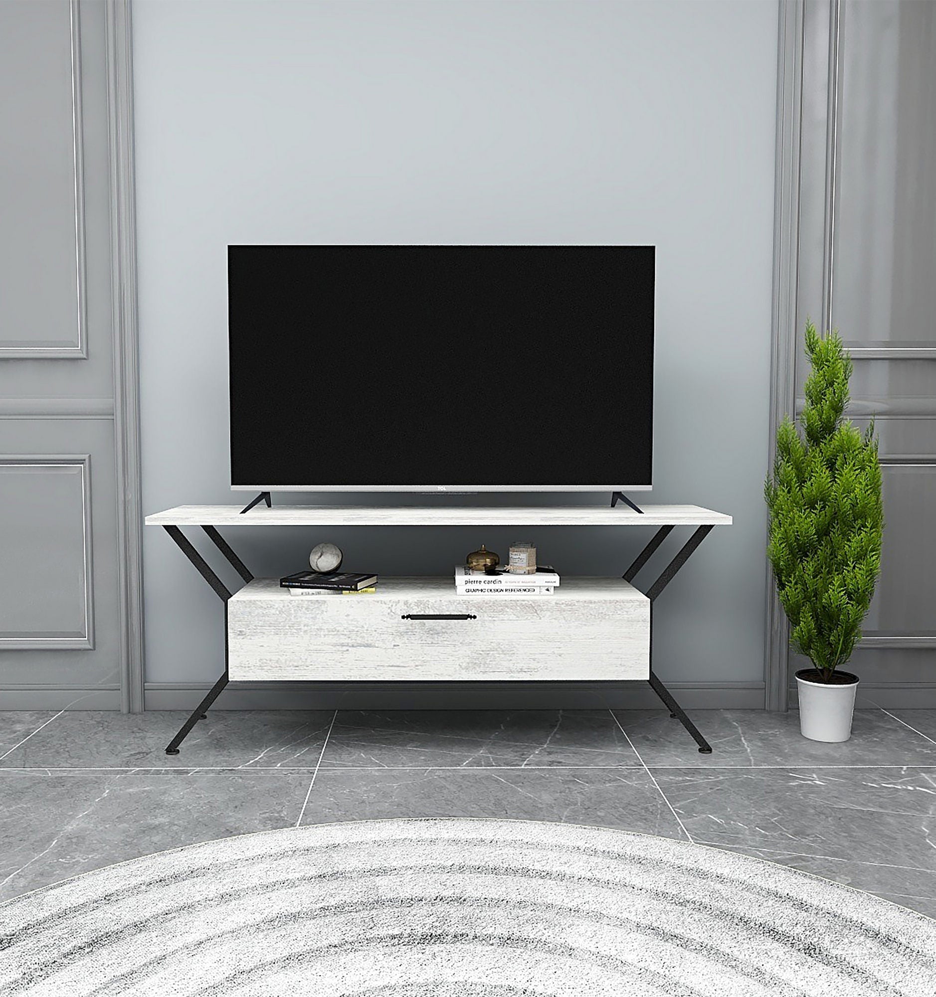 Suporte de TV elegante com várias prateleiras, cinza e preto, 124 x 54 x 35 cm | Painel de partículas 100% revestido de melamina, 18 mm de espessura | Perfeito para salas de estar modernas