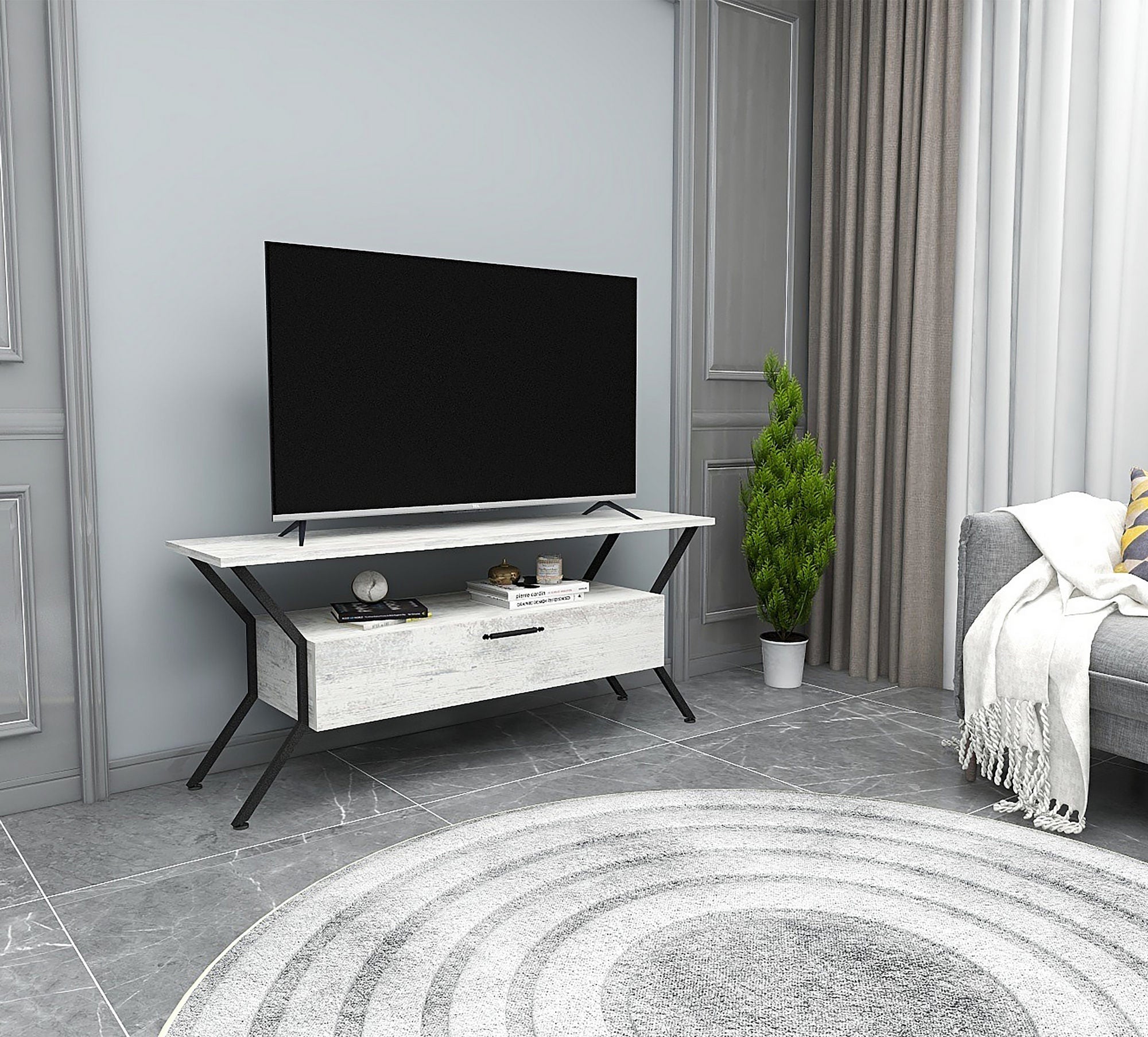 Suporte de TV elegante com várias prateleiras, cinza e preto, 124 x 54 x 35 cm | Painel de partículas 100% revestido de melamina, 18 mm de espessura | Perfeito para salas de estar modernas