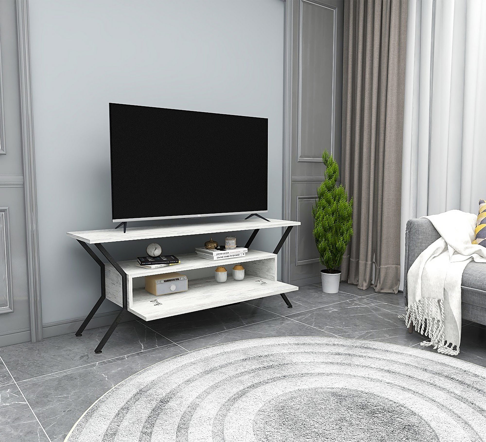 Suporte de TV elegante com várias prateleiras, cinza e preto, 124 x 54 x 35 cm | Painel de partículas 100% revestido de melamina, 18 mm de espessura | Perfeito para salas de estar modernas