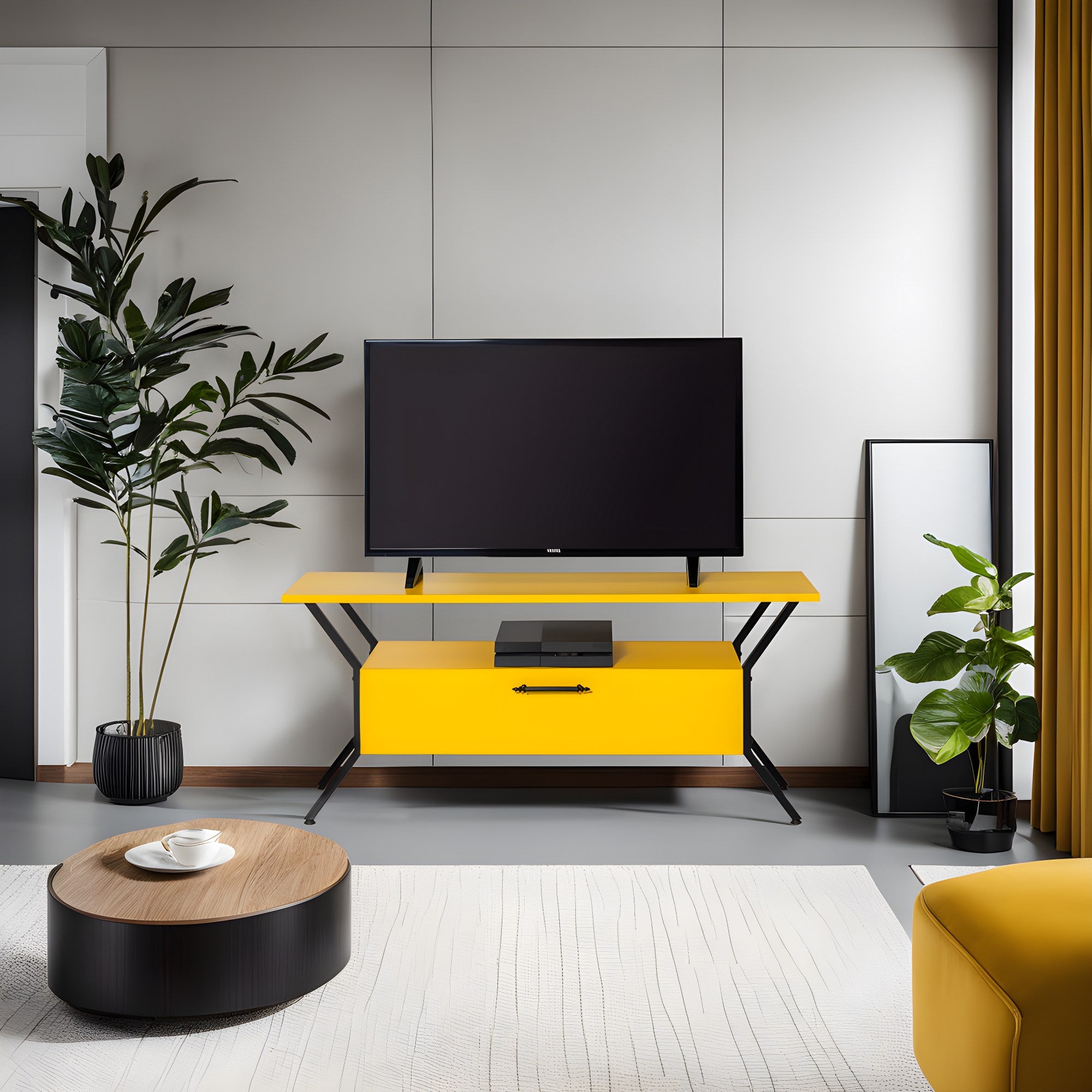 Suporte de TV elegante, amarelo e preto, 125 cm x 54 cm x 35 cm | Painel de partículas 100% revestido de melamina, 18 mm de espessura | Prateleiras amplas para salas de estar modernas