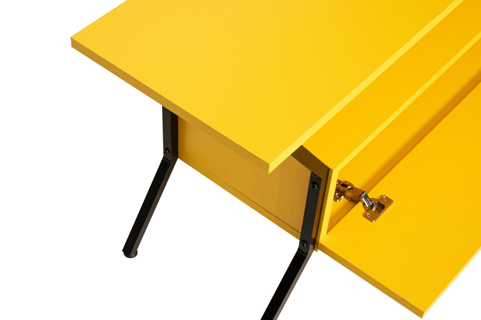 Suporte de TV elegante, amarelo e preto, 125 cm x 54 cm x 35 cm | Painel de partículas 100% revestido de melamina, 18 mm de espessura | Prateleiras amplas para salas de estar modernas