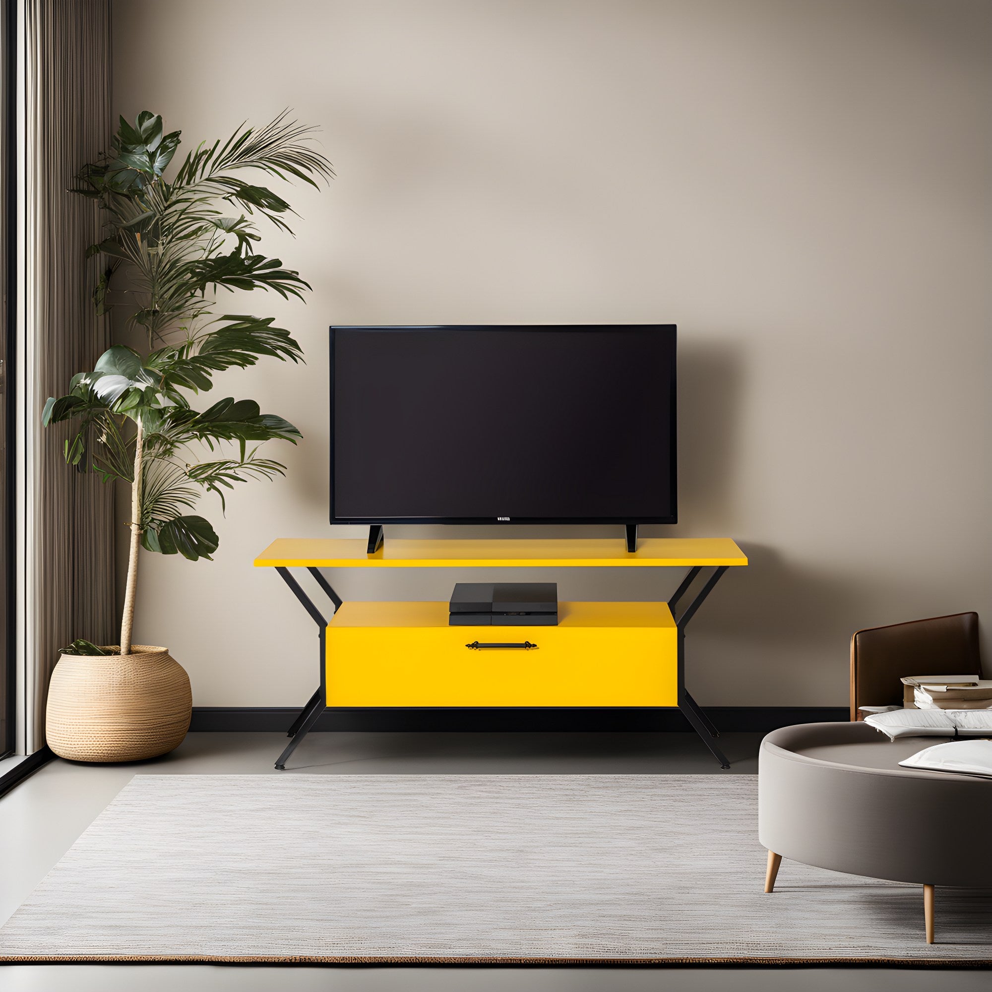 Suporte de TV elegante, amarelo e preto, 125 cm x 54 cm x 35 cm | Painel de partículas 100% revestido de melamina, 18 mm de espessura | Prateleiras amplas para salas de estar modernas