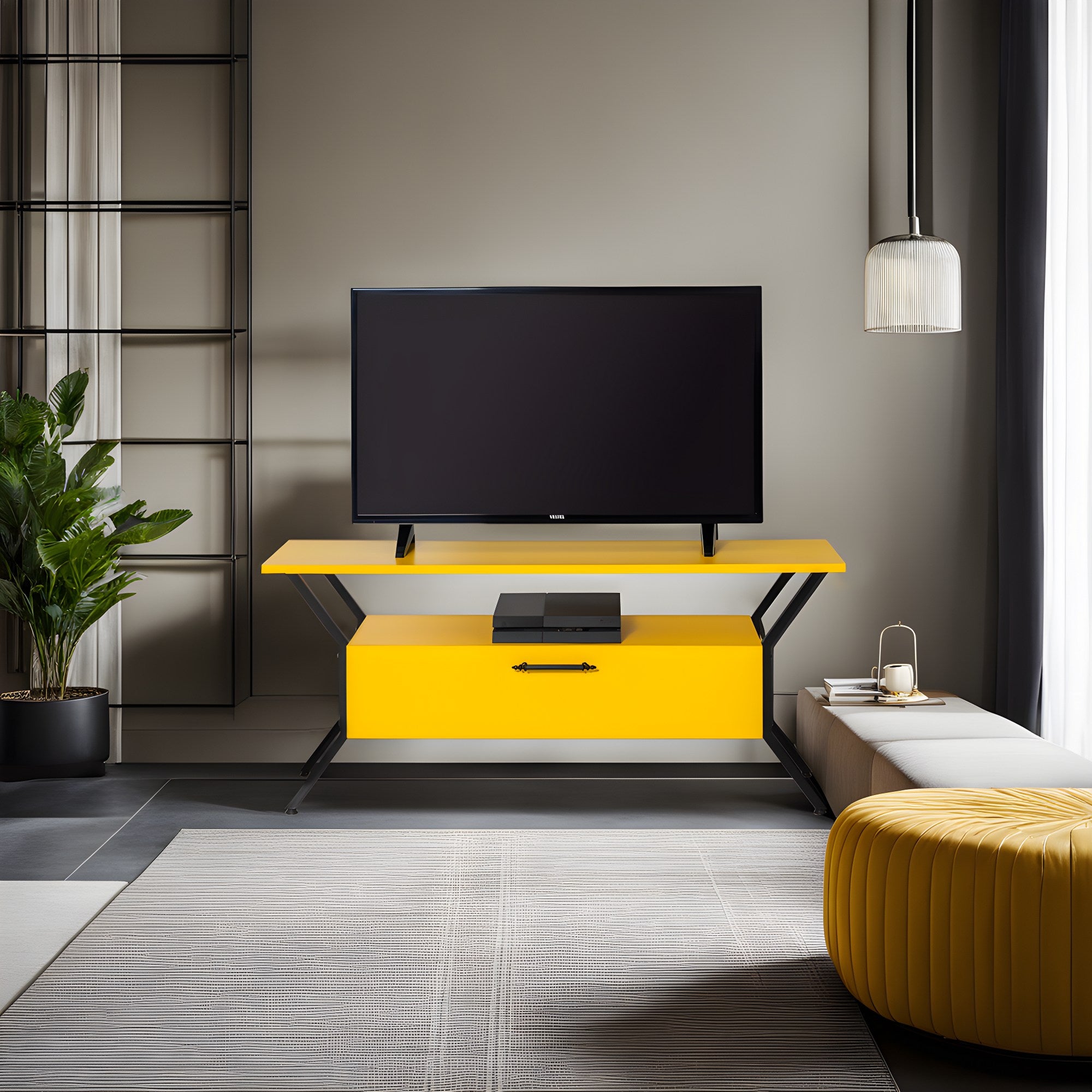 Suporte de TV elegante, amarelo e preto, 125 cm x 54 cm x 35 cm | Painel de partículas 100% revestido de melamina, 18 mm de espessura | Prateleiras amplas para salas de estar modernas