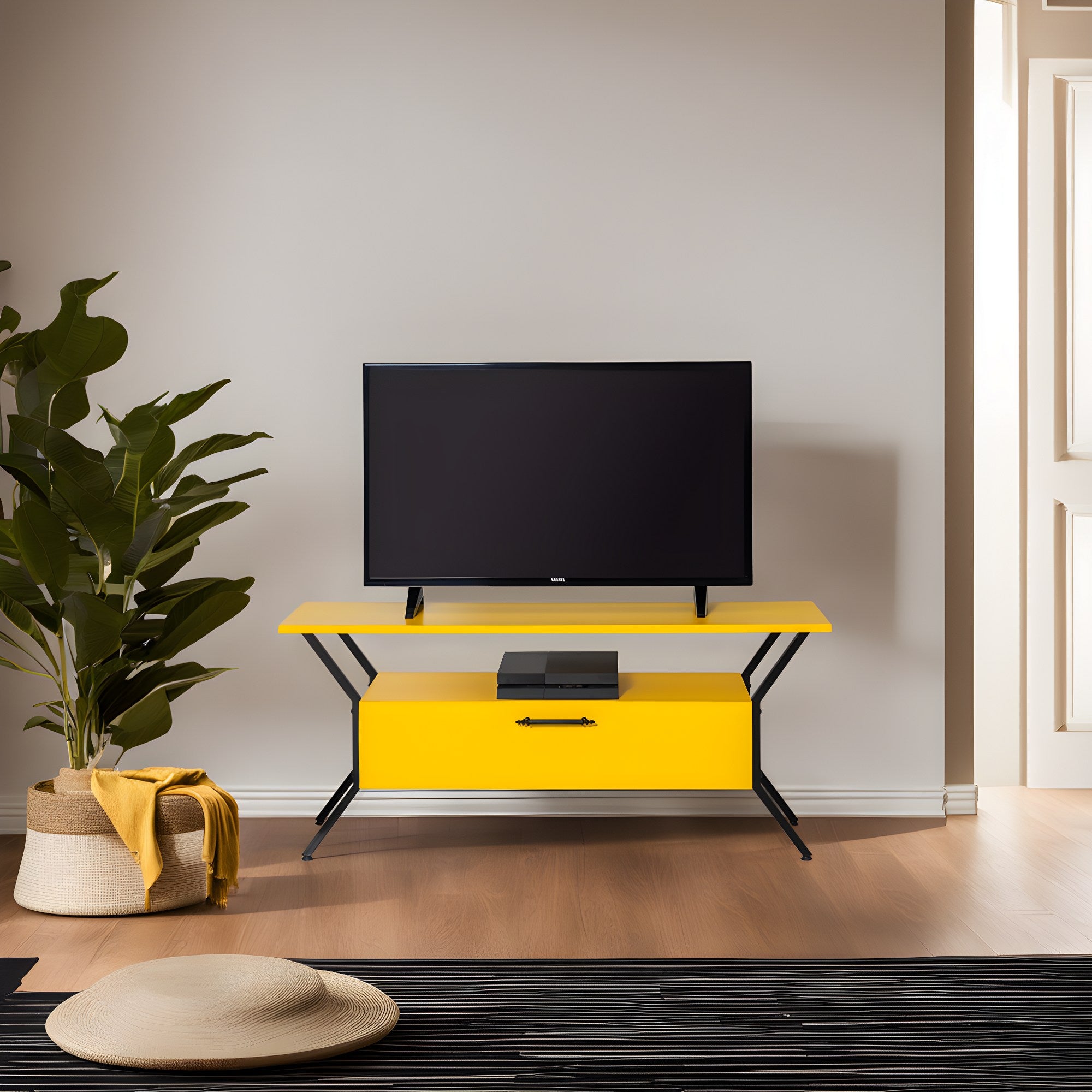 Suporte de TV elegante, amarelo e preto, 125 cm x 54 cm x 35 cm | Painel de partículas 100% revestido de melamina, 18 mm de espessura | Prateleiras amplas para salas de estar modernas