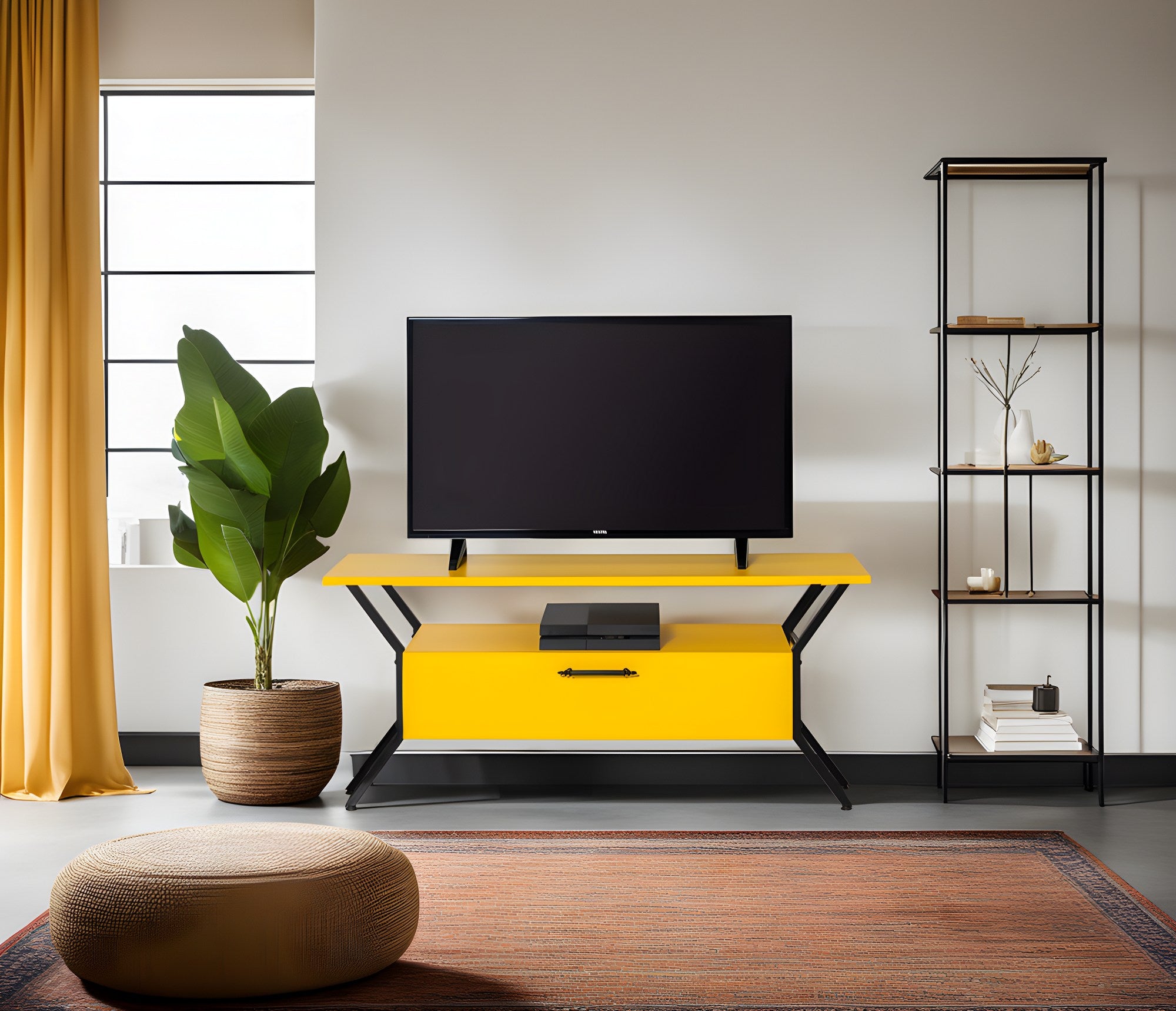 Suporte de TV elegante, amarelo e preto, 125 cm x 54 cm x 35 cm | Painel de partículas 100% revestido de melamina, 18 mm de espessura | Prateleiras amplas para salas de estar modernas