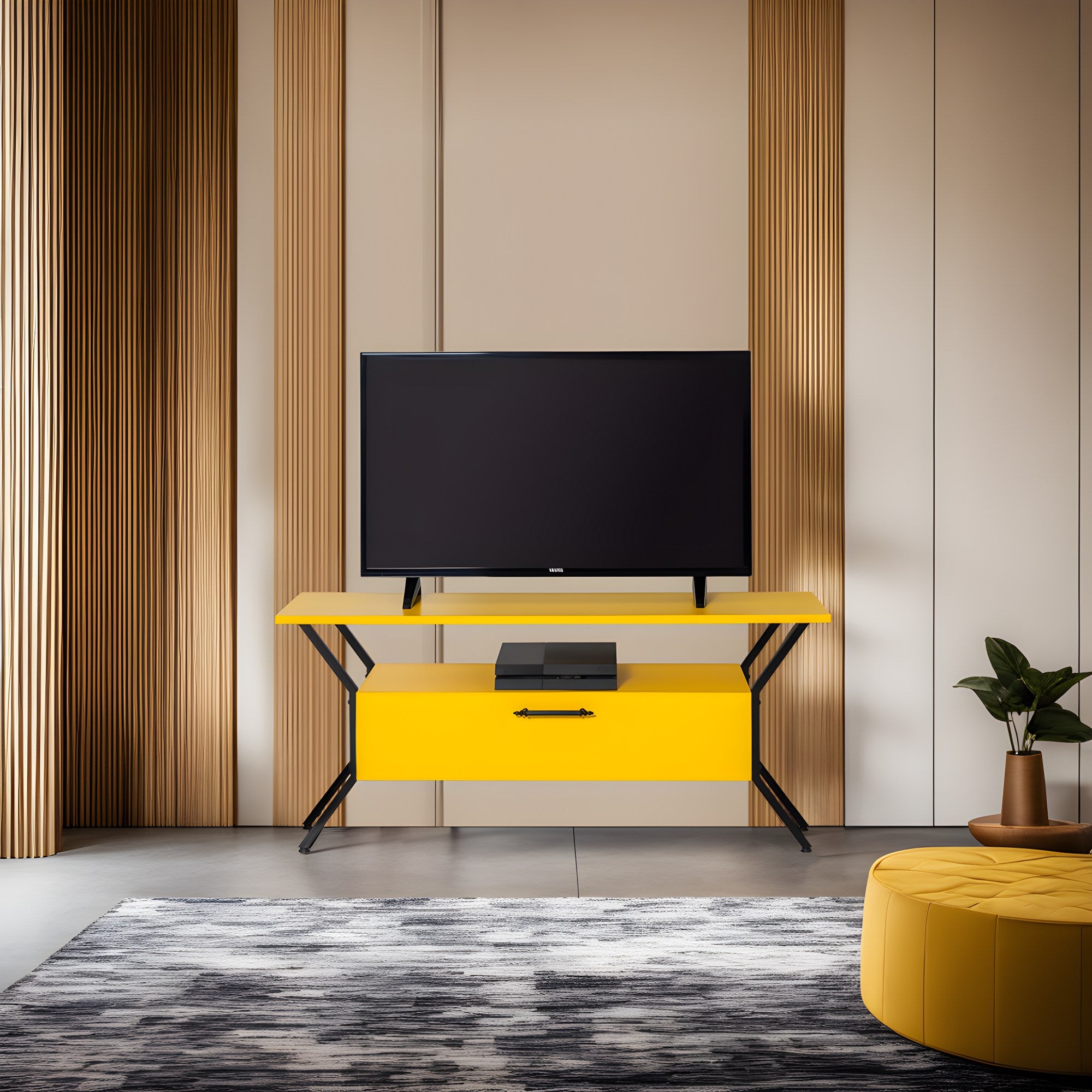 Suporte de TV elegante, amarelo e preto, 125 cm x 54 cm x 35 cm | Painel de partículas 100% revestido de melamina, 18 mm de espessura | Prateleiras amplas para salas de estar modernas