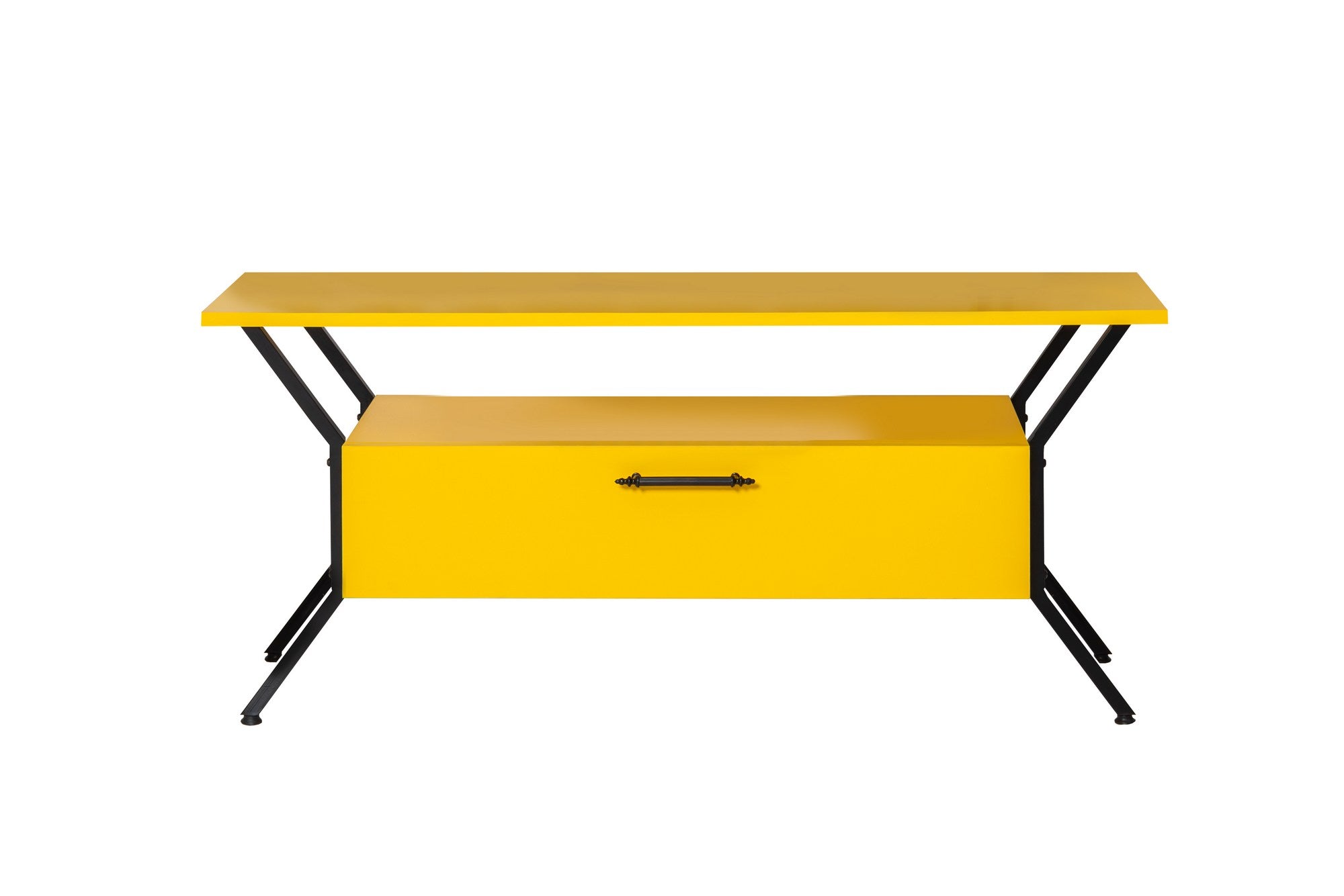Suporte de TV elegante, amarelo e preto, 125 cm x 54 cm x 35 cm | Painel de partículas 100% revestido de melamina, 18 mm de espessura | Prateleiras amplas para salas de estar modernas