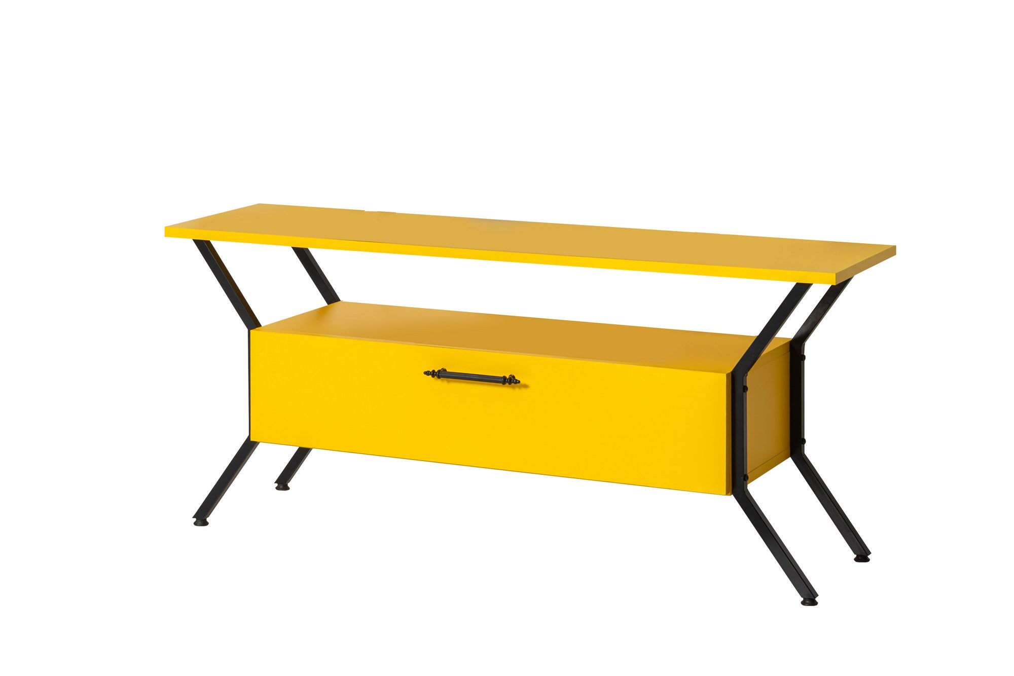 Suporte de TV elegante, amarelo e preto, 125 cm x 54 cm x 35 cm | Painel de partículas 100% revestido de melamina, 18 mm de espessura | Prateleiras amplas para salas de estar modernas