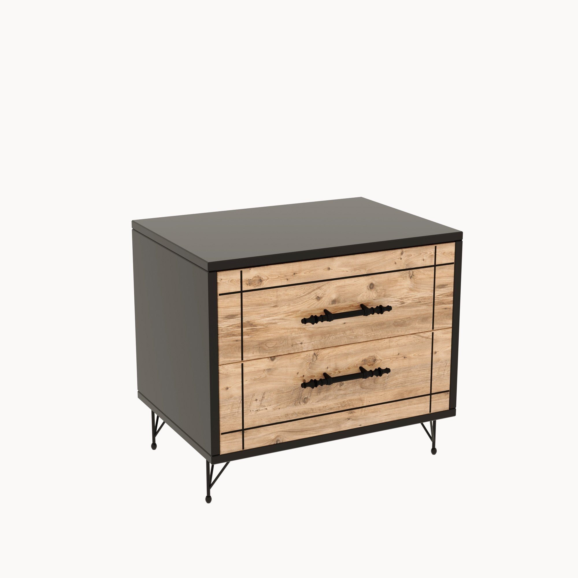 Mesa de cabeceira estilosa com 2 gavetas, carvalho e preto, 50 x 55 x 40 cm | Revestimento 100% melamina, pernas de metal, portas com relevo CNC | Perfeito para quartos modernos