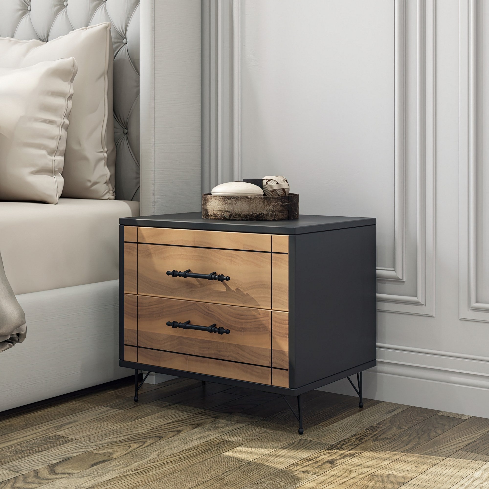 Mesa de cabeceira elegante com 2 gavetas, nogueira e preta, 50 x 55 x 40 cm | Revestimento 100% melamina, pernas de metal, portas com relevo CNC | Design moderno para quarto