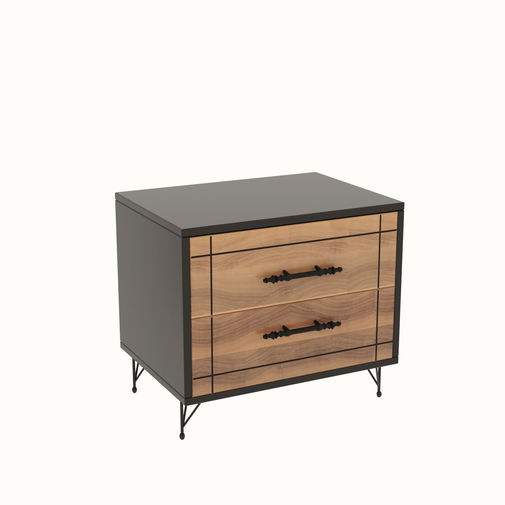 Mesa de cabeceira elegante com 2 gavetas, nogueira e preta, 50 x 55 x 40 cm | Revestimento 100% melamina, pernas de metal, portas com relevo CNC | Design moderno para quarto