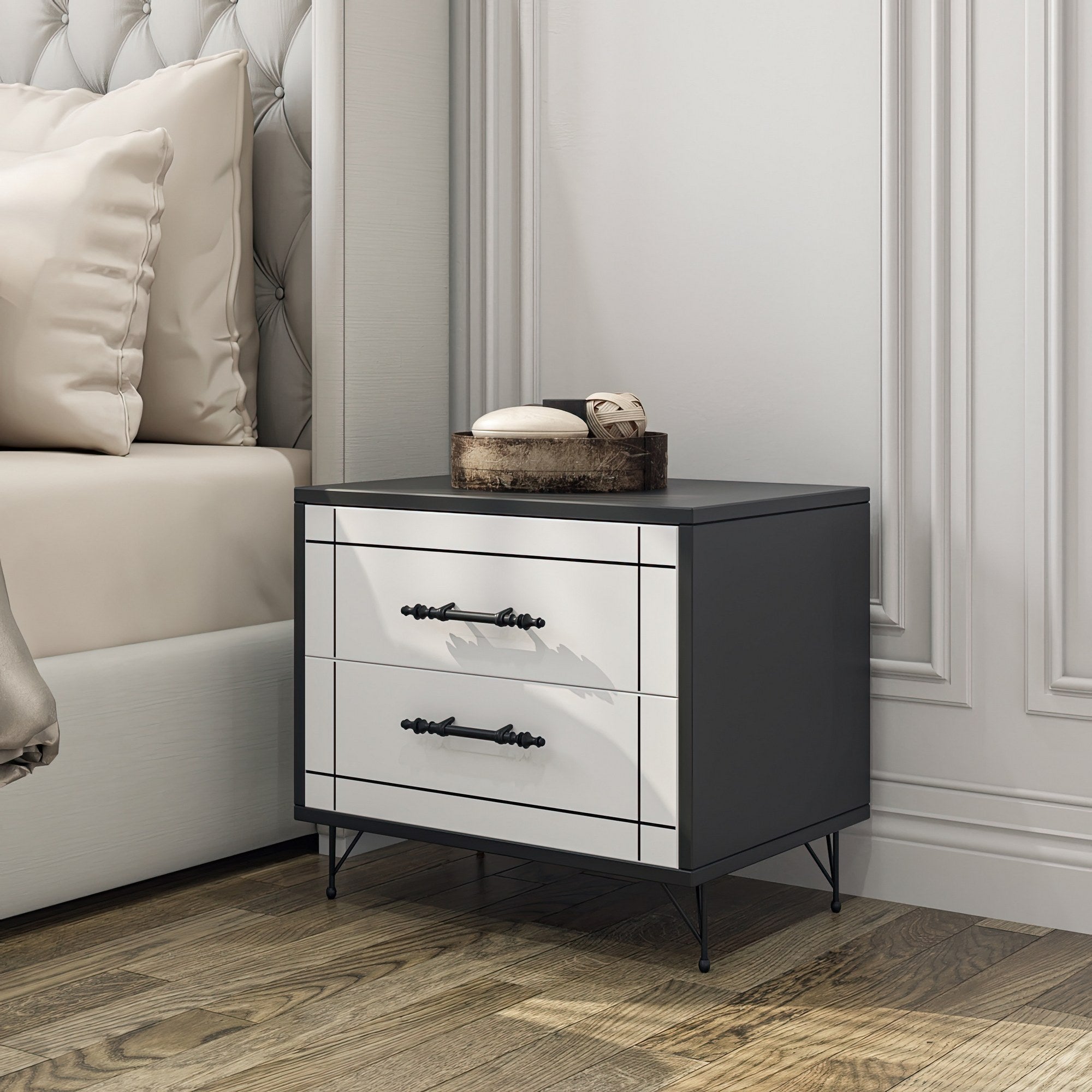 Mesa de Cabeceira Elegante com 2 Gavetas, Branca e Preta, 50 x 55 x 40 cm | Revestimento 100% Melamina, Pés de Metal, Portas CNC em Relevo | Design Moderno para Quarto