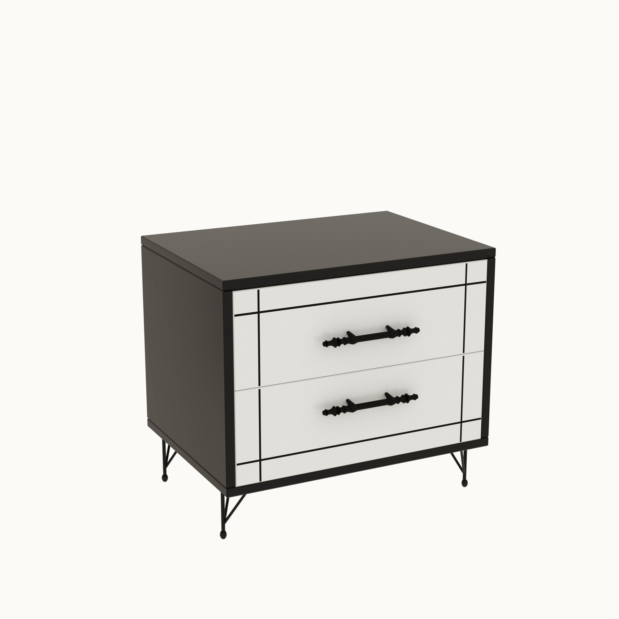 Mesa de Cabeceira Elegante com 2 Gavetas, Branca e Preta, 50 x 55 x 40 cm | Revestimento 100% Melamina, Pés de Metal, Portas CNC em Relevo | Design Moderno para Quarto