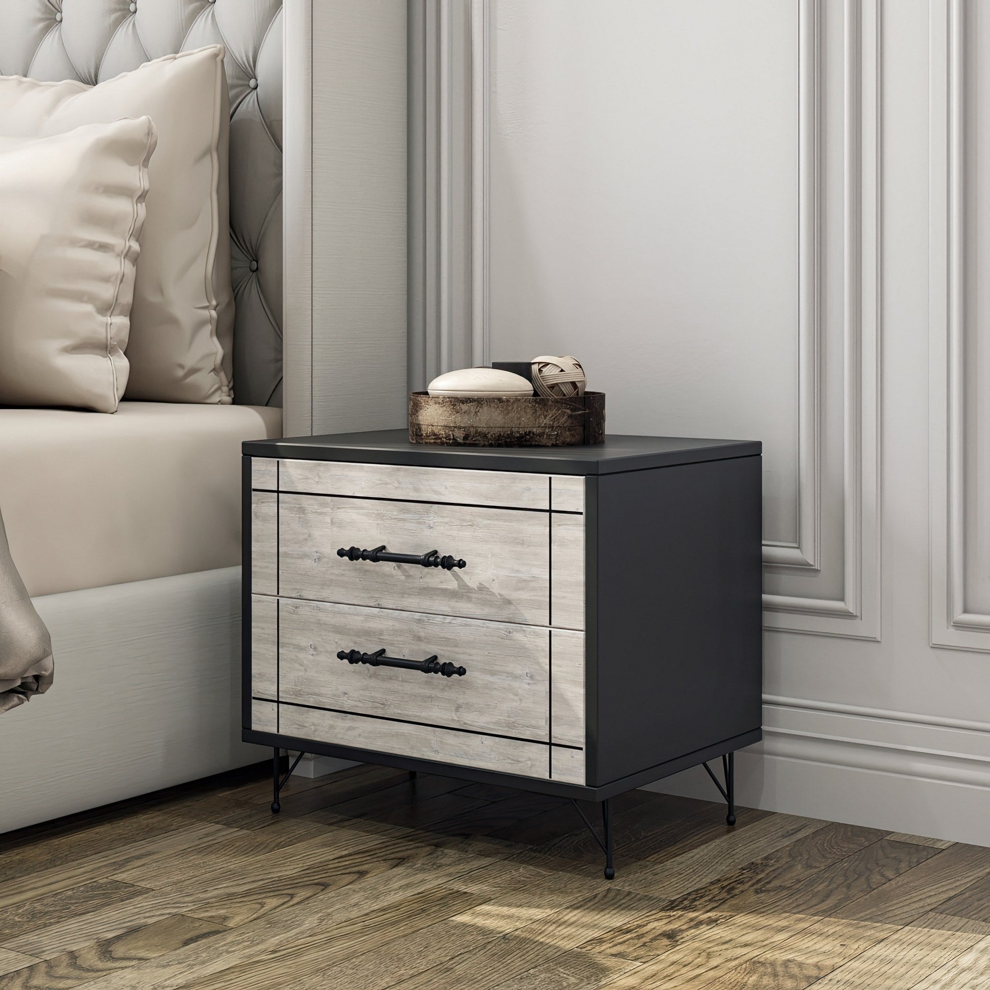 Mesa de Cabeceira Elegante com 2 Gavetas, Cinza e Preto, 50 x 55 x 40 cm | Revestimento 100% Melamina, Pés de Metal, Portas CNC em Relevo | Design Moderno para Quarto