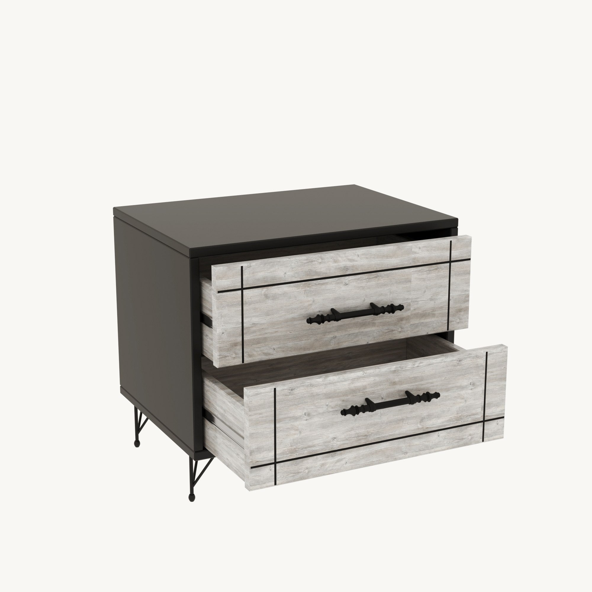 Mesa de Cabeceira Elegante com 2 Gavetas, Cinza e Preto, 50 x 55 x 40 cm | Revestimento 100% Melamina, Pés de Metal, Portas CNC em Relevo | Design Moderno para Quarto