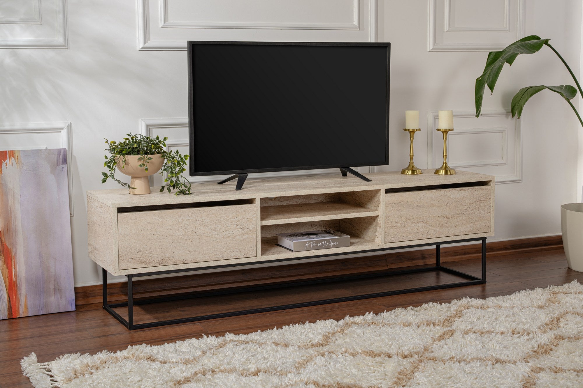 Suporte de TV elegante com pés de ferro, 180 cm, 50 cm de altura, 40 cm de profundidade | 100% revestido em melamina, 2 gavetas, design em mármore travertino e preto | Elegância moderna