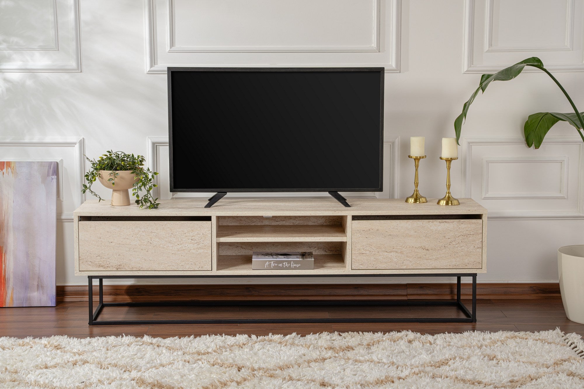 Suporte de TV elegante com pés de ferro, 180 cm, 50 cm de altura, 40 cm de profundidade | 100% revestido em melamina, 2 gavetas, design em mármore travertino e preto | Elegância moderna