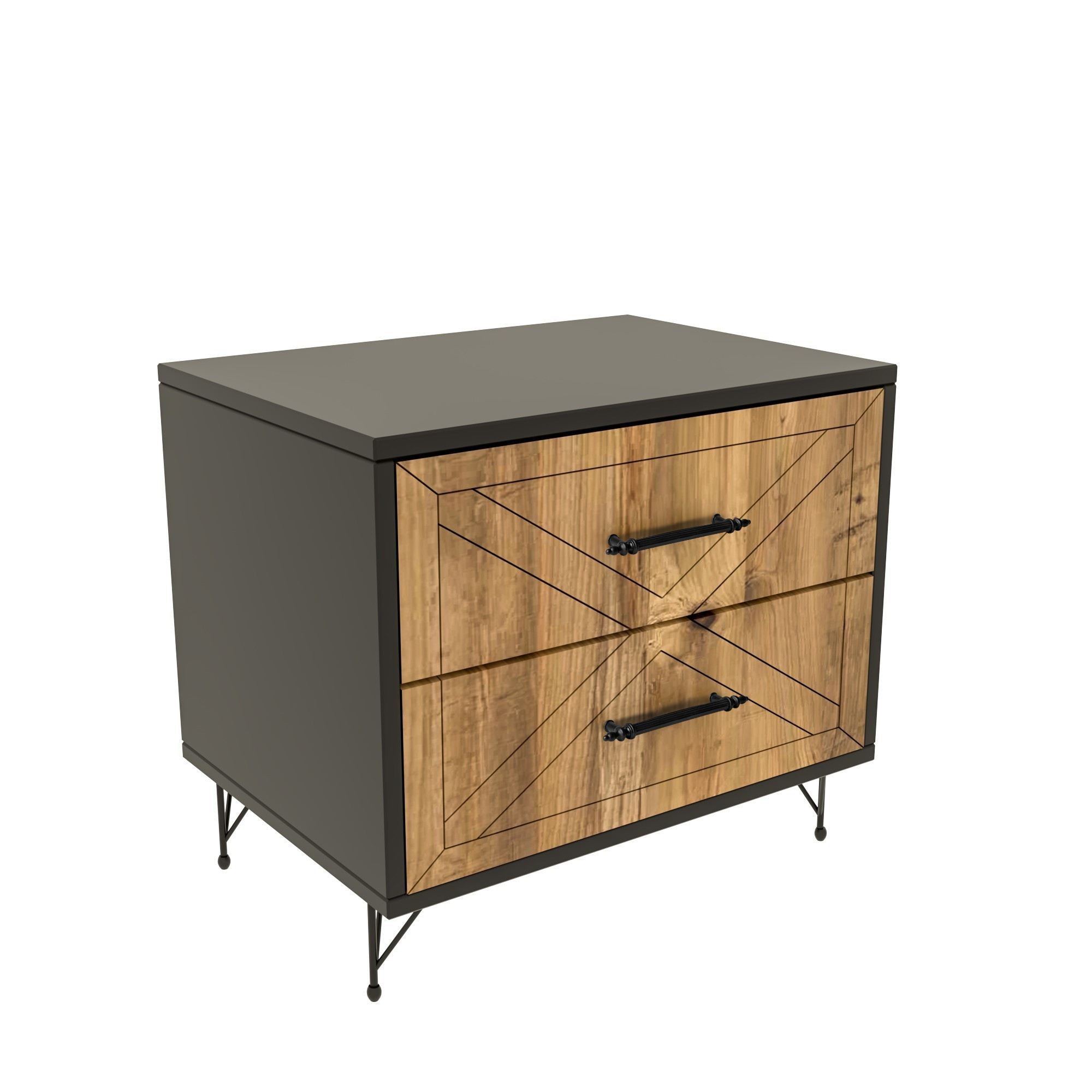 Mesa de Cabeceira Rústica Industrial, Antracite e Carvalho, 50 x 55 x 40 cm | 100% Melamina, 18 mm de Espessura, Pés de Metal, Portas CNC em Relevo, 2 Gavetas