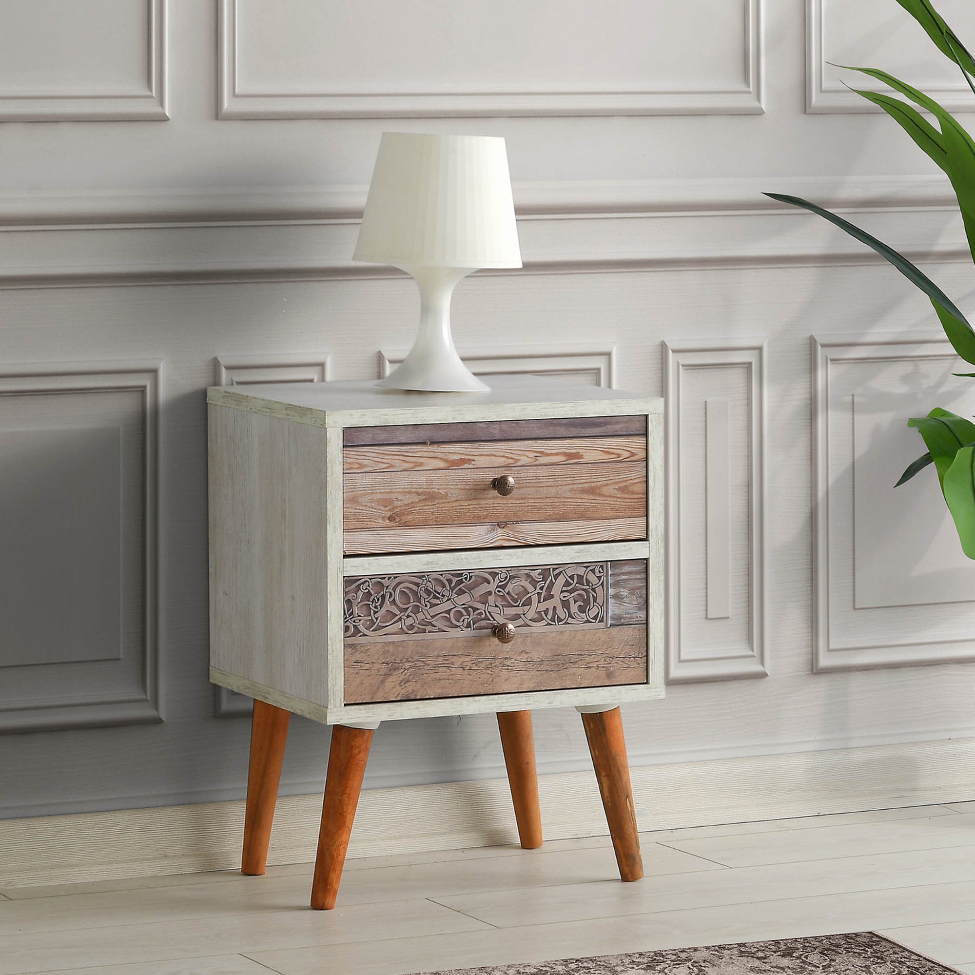 Mesa de cabeceira elegante com 2 gavetas, branca e nogueira, 40 x 55 x 35 cm | Painel de partículas 100% revestido em melamina, 18 mm de espessura, pernas de madeira resistentes | Perfeito para quartos modernos