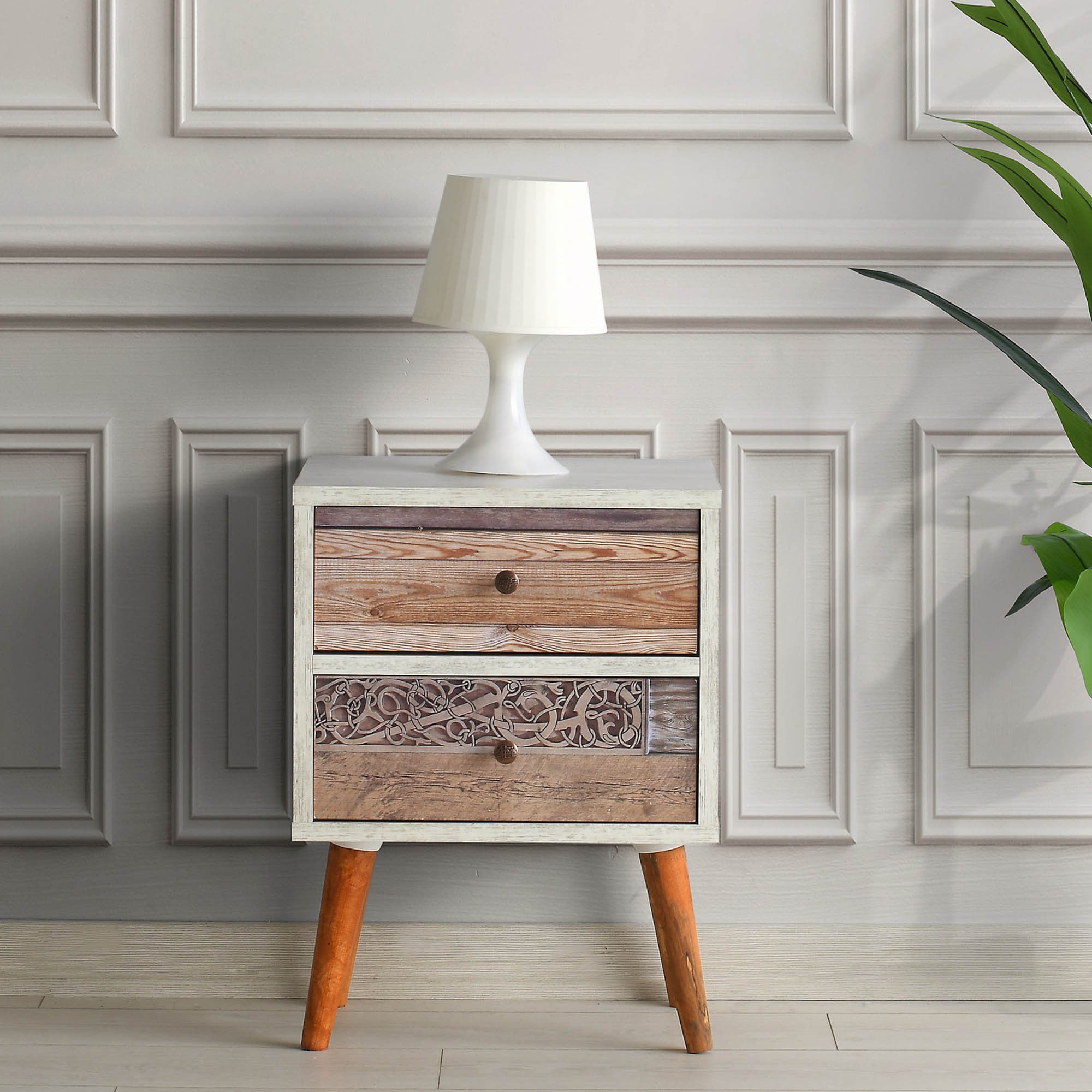 Mesa de cabeceira elegante com 2 gavetas, branca e nogueira, 40 x 55 x 35 cm | Painel de partículas 100% revestido em melamina, 18 mm de espessura, pernas de madeira resistentes | Perfeito para quartos modernos