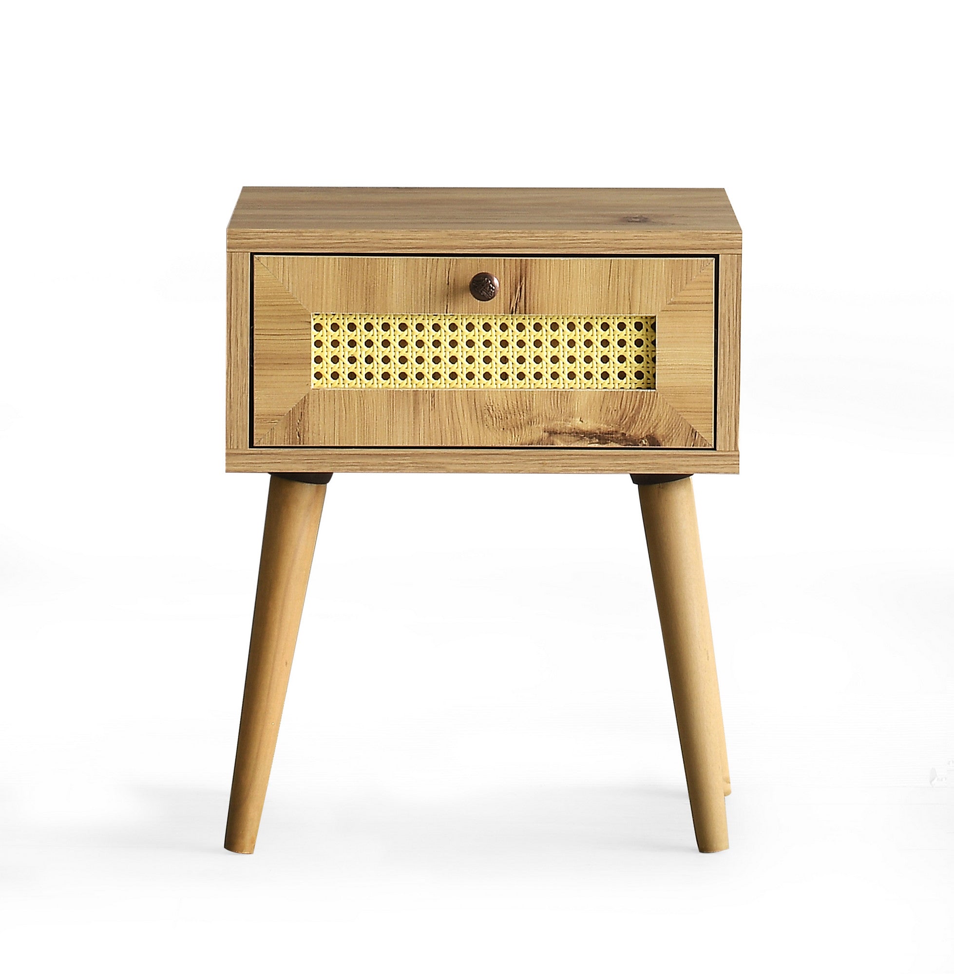Mesa de Cabeceira Rústica Boêmia, Cor Carvalho, 40 x 50 x 35 cm | Painel de Partículas 100% Revestido em Melamina, 18 mm de Espessura | Pernas de Madeira Elegantes, Perfeitas para Espaços Aconchegantes