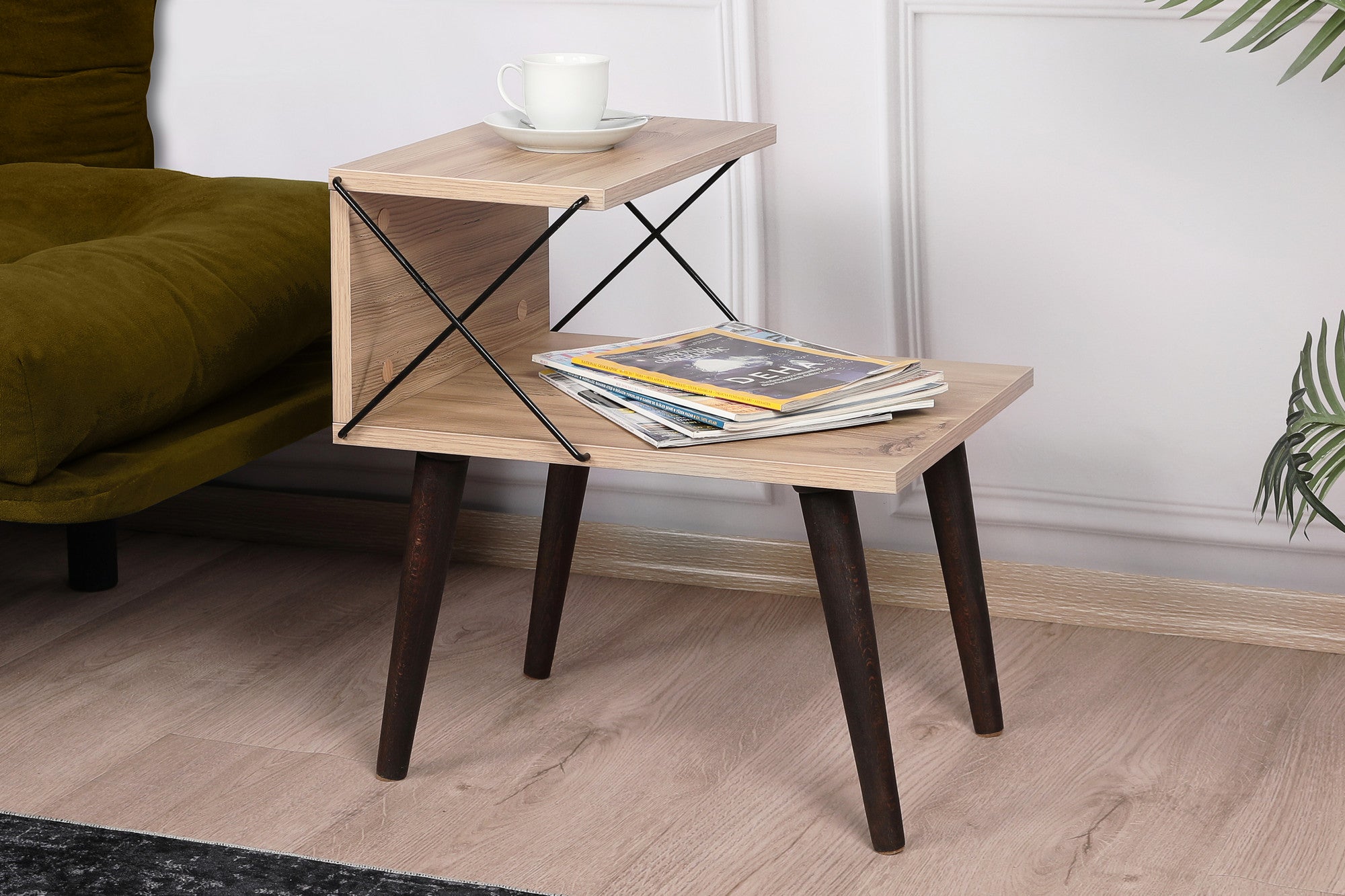 Mesa de Cabeceira Moderna com Pés de Faia, Cor Pinho, 50 x 55 x 40 cm | Painel de Partículas 100% Revestido com Melamina, 18 mm de Espessura | Elegante e Funcional com Várias Prateleiras