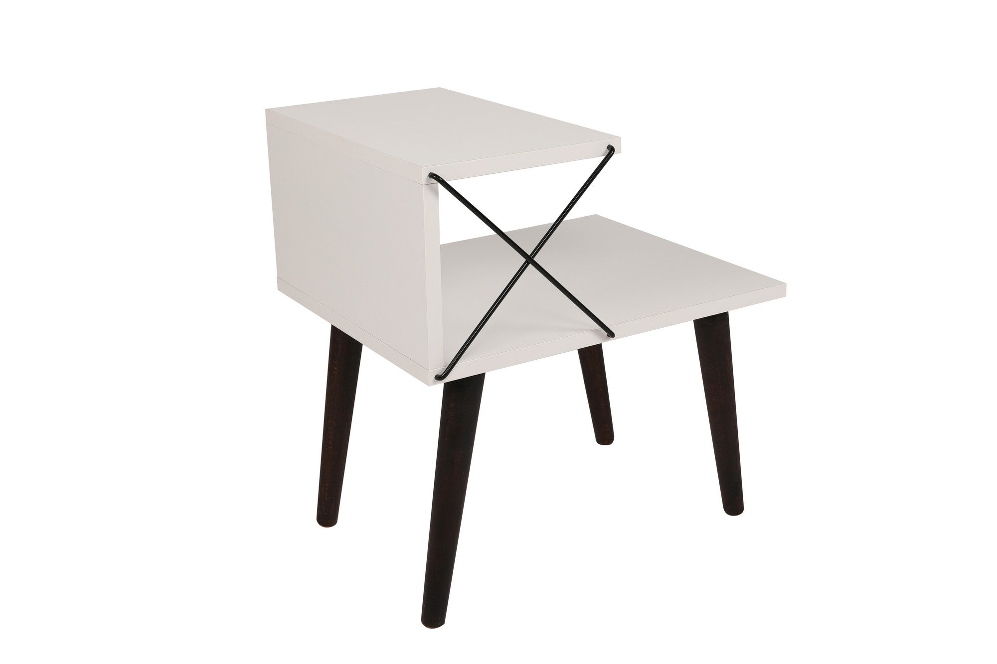 Mesa de cabeceira branca moderna com pernas de faia, 50 cm x 55 cm x 40 cm | 100% revestida em melamina, 18 mm de espessura | Design elegante com várias prateleiras para uso em hotéis e residências