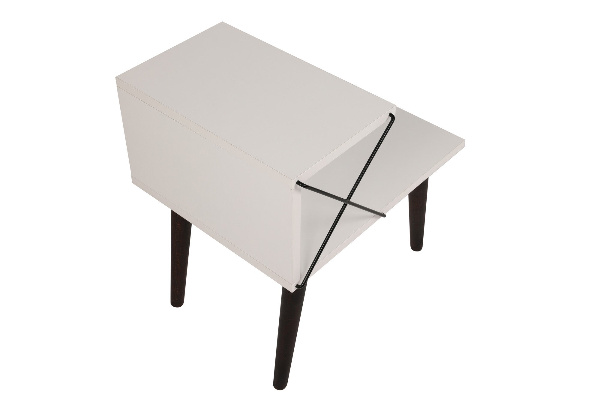 Mesa de cabeceira branca moderna com pernas de faia, 50 cm x 55 cm x 40 cm | 100% revestida em melamina, 18 mm de espessura | Design elegante com várias prateleiras para uso em hotéis e residências