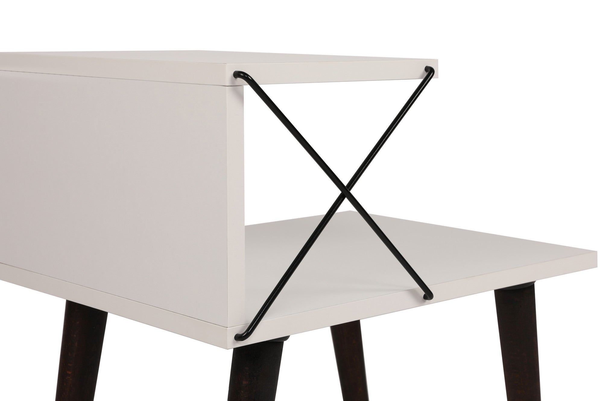Mesa de cabeceira branca moderna com pernas de faia, 50 cm x 55 cm x 40 cm | 100% revestida em melamina, 18 mm de espessura | Design elegante com várias prateleiras para uso em hotéis e residências