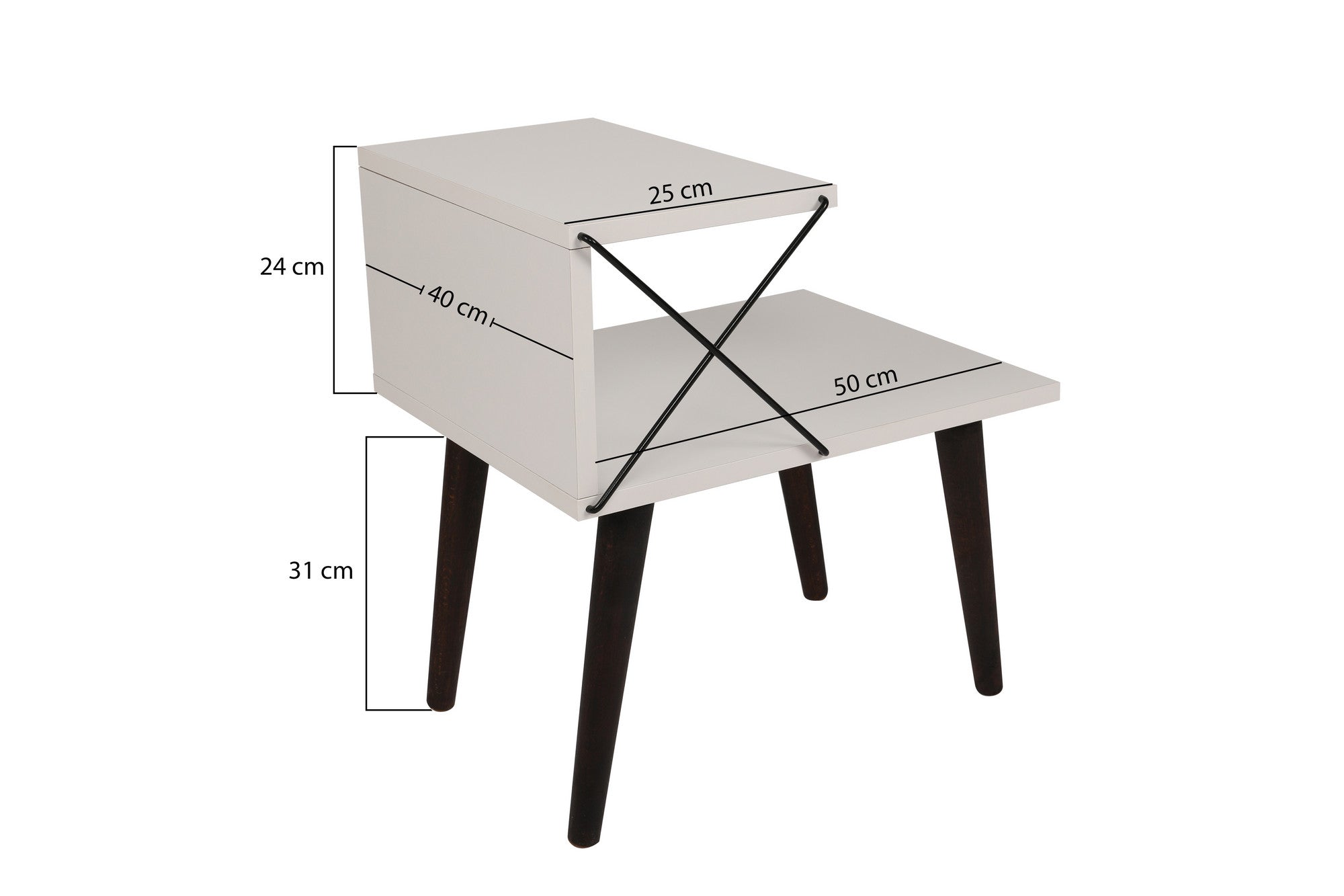 Mesa de cabeceira branca moderna com pernas de faia, 50 cm x 55 cm x 40 cm | 100% revestida em melamina, 18 mm de espessura | Design elegante com várias prateleiras para uso em hotéis e residências