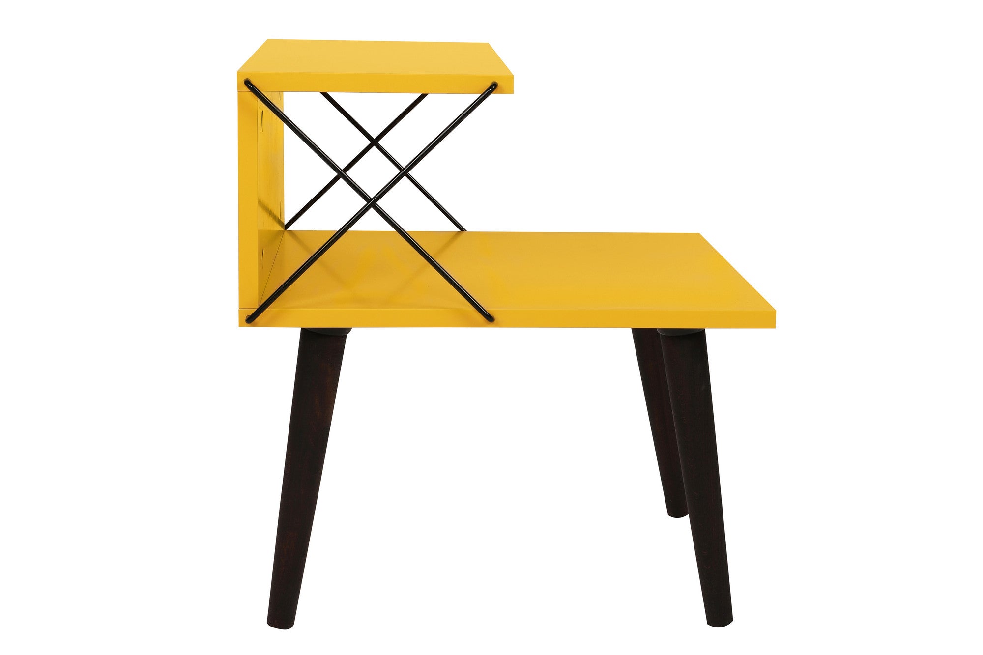 Mesa de cabeceira amarela moderna com pernas de faia, 50 cm de largura, 55 cm de altura | 100% revestida em melamina, 18 mm de espessura | Design elegante com várias prateleiras