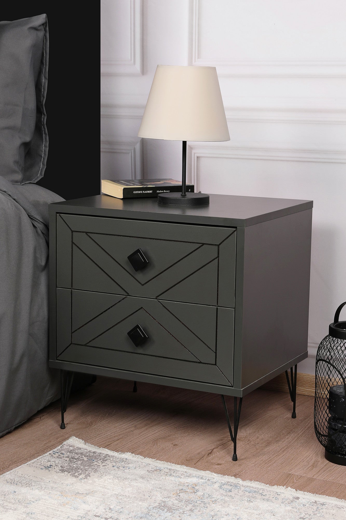 Mesa de cabeceira industrial com 2 gavetas, antracite, 50 x 55 x 40 cm | Painel de partículas 100% revestido em melamina, pernas de metal | Solução de armazenamento elegante e funcional