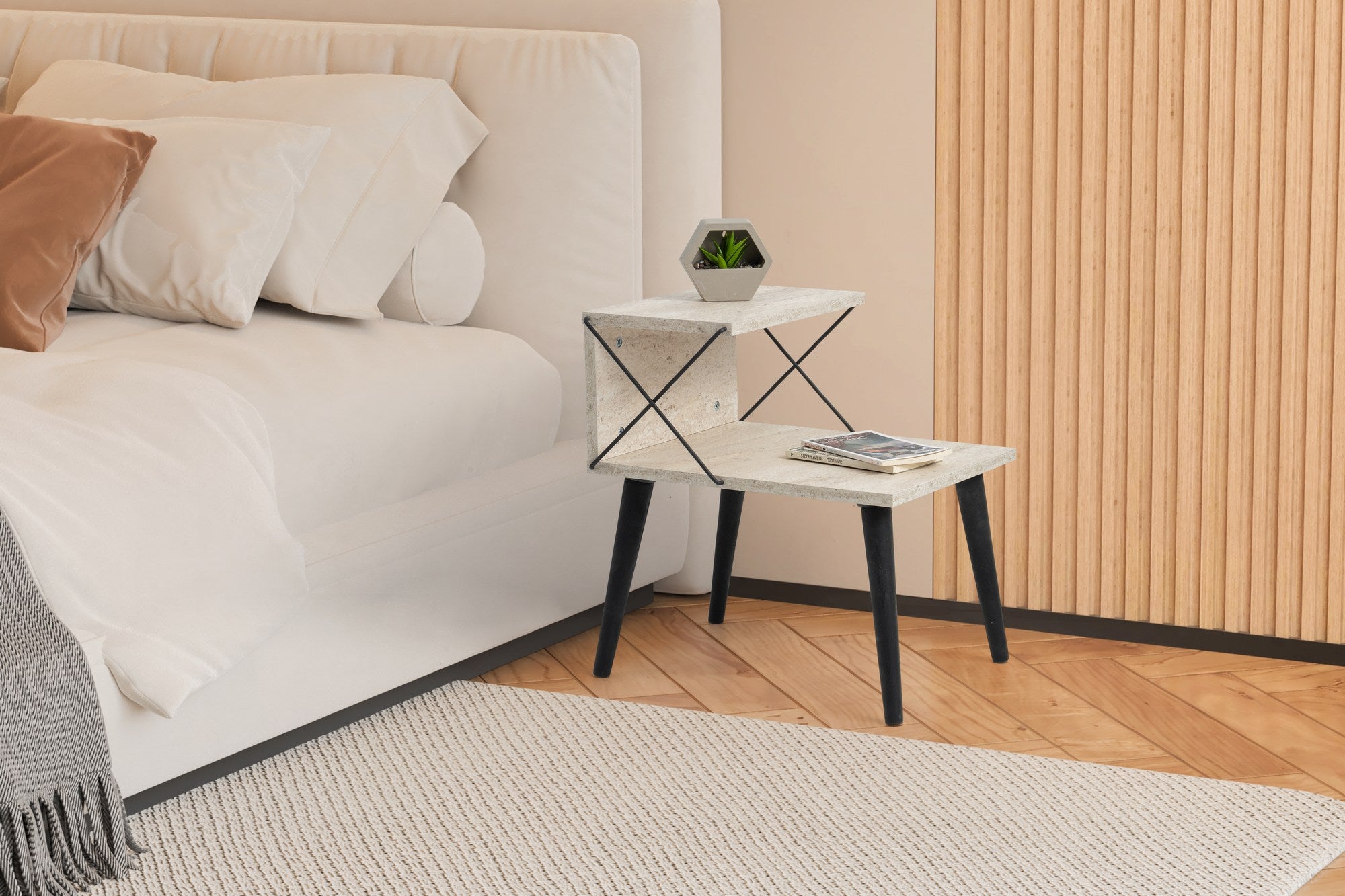 Mesa de cabeceira elegante com pernas de faia, travertino e acabamento preto | Painel de partículas 100% revestido de melamina, 18 mm de espessura | 50 x 55 x 40 cm, várias prateleiras