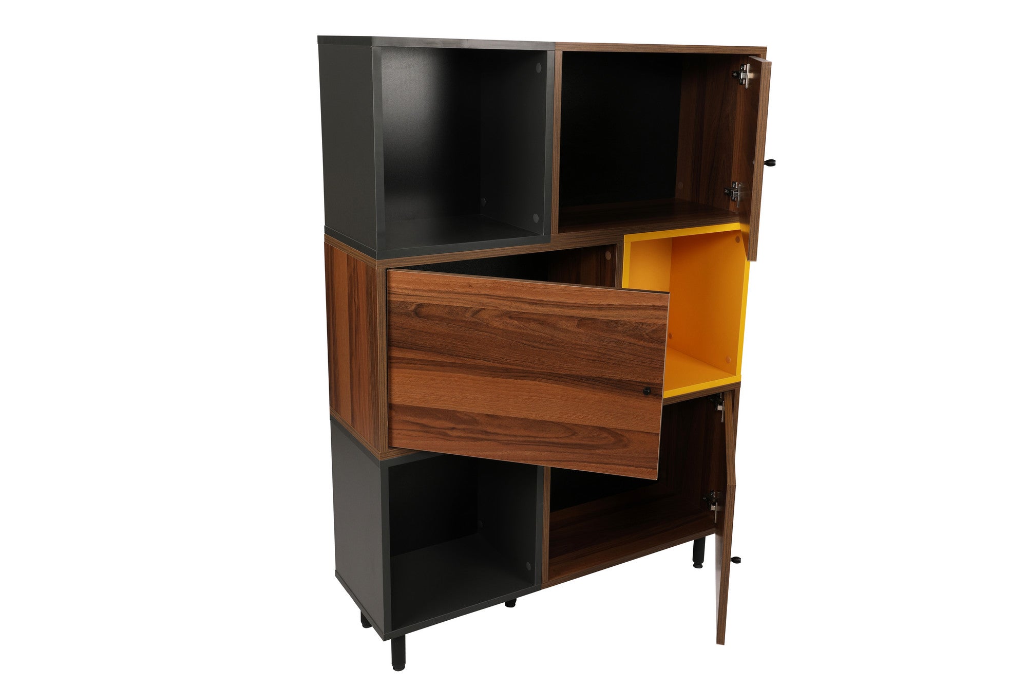 Estante de parede elegante, nogueira e antracite com detalhes em amarelo, 110 x 140 x 30 cm | 100% revestida em melamina, 18 mm de espessura | Várias prateleiras para espaços modernos