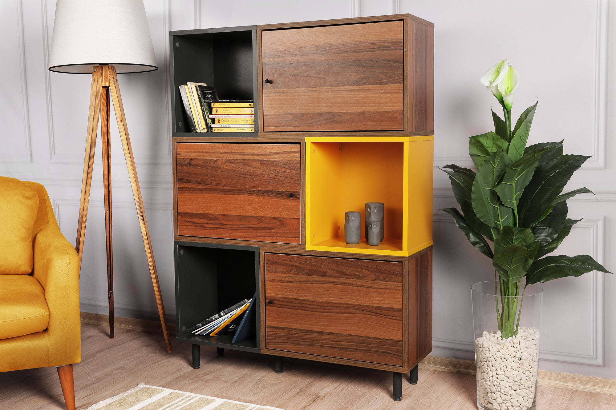 Estante de parede elegante, nogueira e antracite com detalhes em amarelo, 110 x 140 x 30 cm | 100% revestida em melamina, 18 mm de espessura | Várias prateleiras para espaços modernos