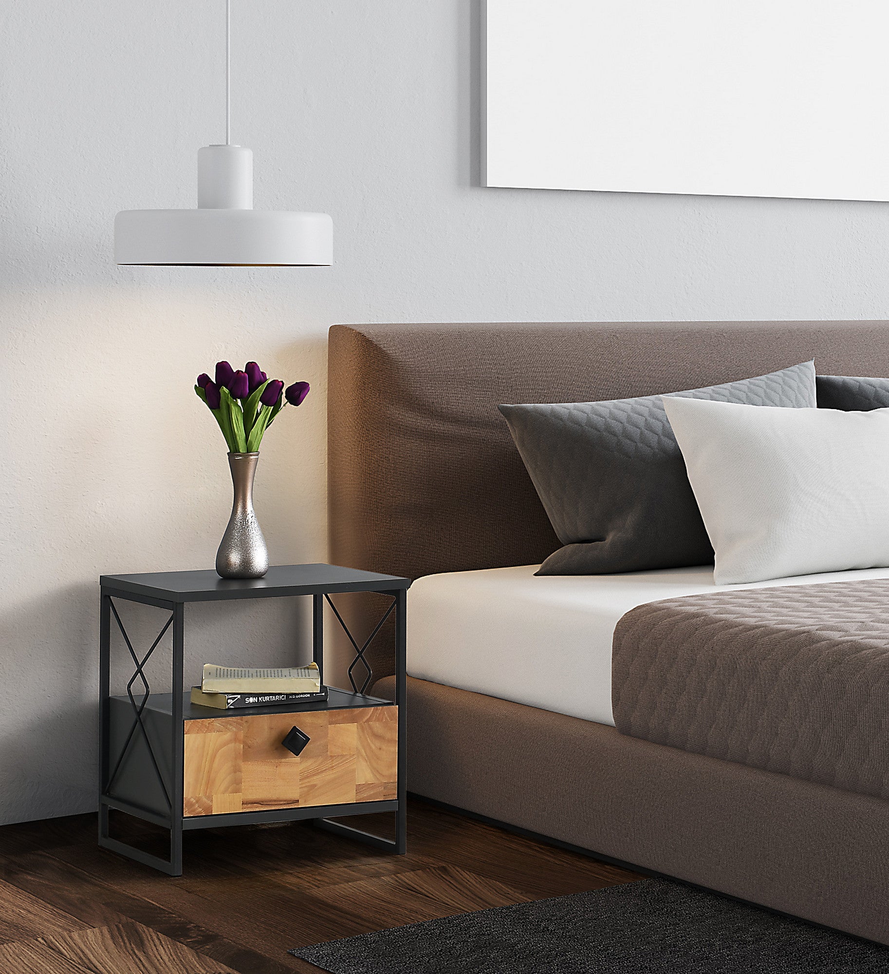 Mesa de Cabeceira Rústica Industrial, Antracite, 45 x 50 x 41 cm | Painel de Partículas 100% Revestido em Melamina, 18 mm de Espessura | Elegante e Funcional para Quartos Modernos
