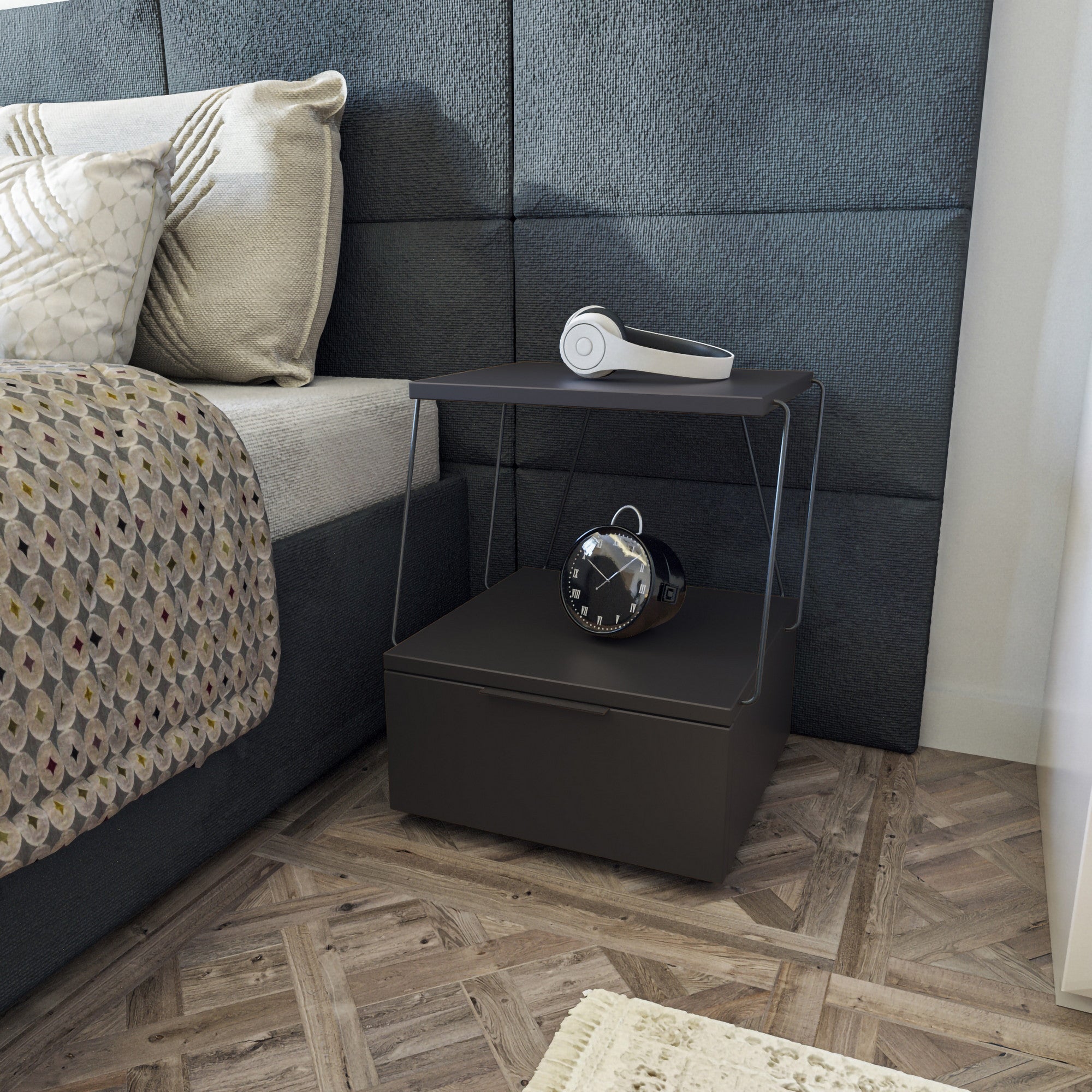 Mesa de Cabeceira Moderna em Antracite, 42 x 52 x 41 cm | Painel de Partículas 100% Revestido em Melamina, 18 mm de Espessura | Elegante e Funcional para Decoração Hoteleira e Industrial