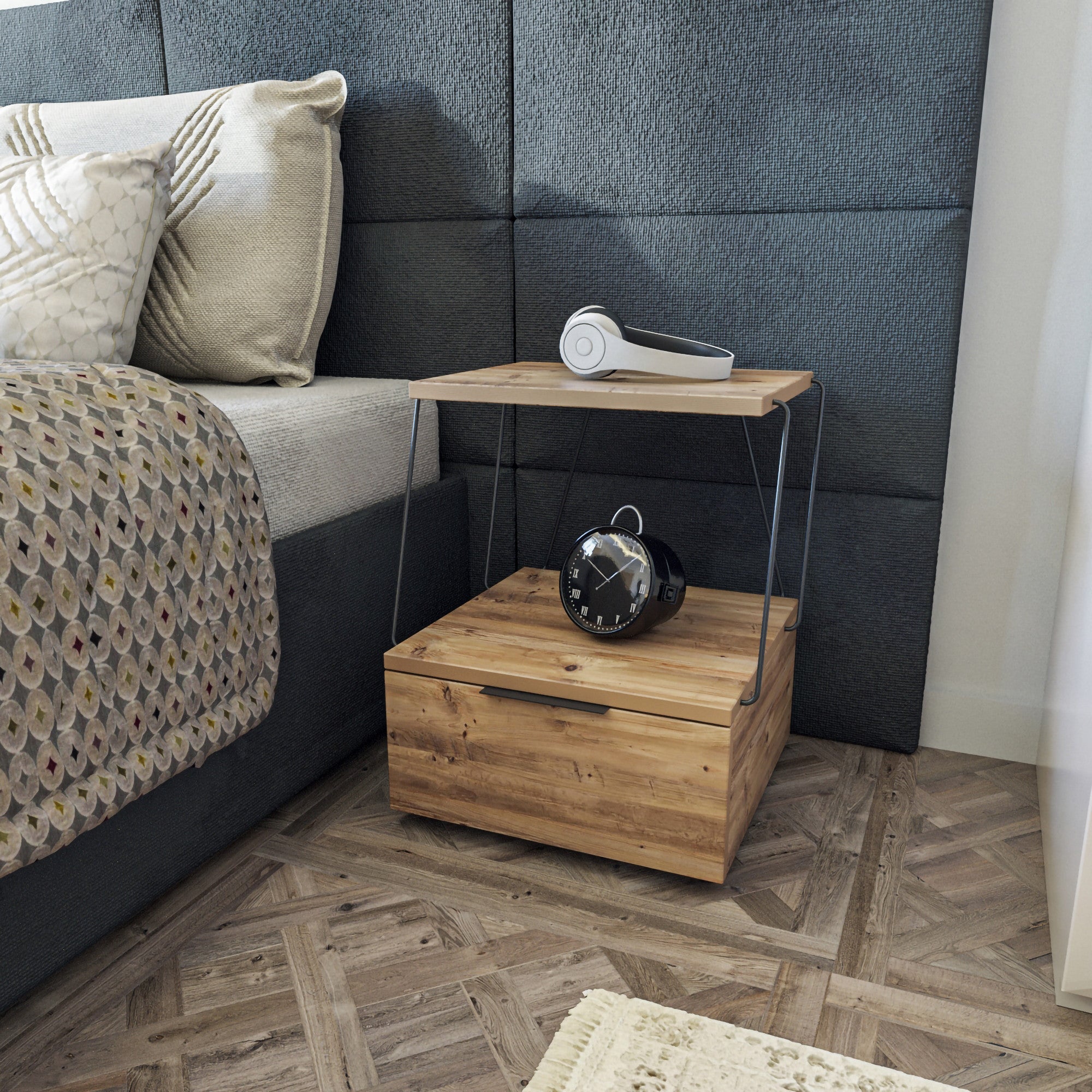 Mesa de Cabeceira Moderna em Pinho, 42 x 52 x 41 cm | Painel de Partículas 100% Revestido em Melamina, 18 mm de Espessura | Elegante e Funcional para Decoração Hoteleira e Industrial