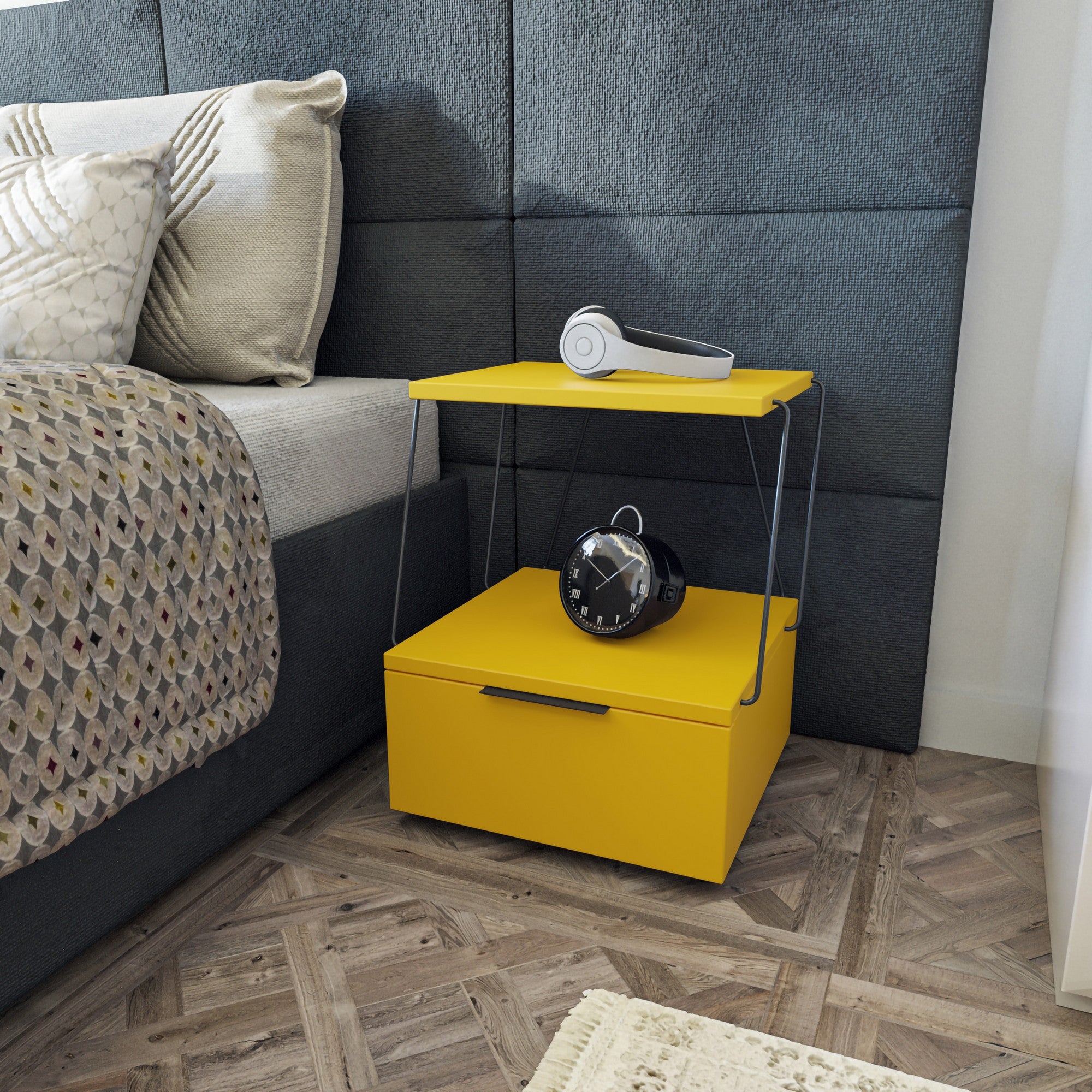 Mesa de cabeceira amarela moderna, 42 x 52 x 41 cm | Painel de partículas 100% revestido em melamina, 18 mm de espessura | Elegante e funcional para quarto ou sala de estar