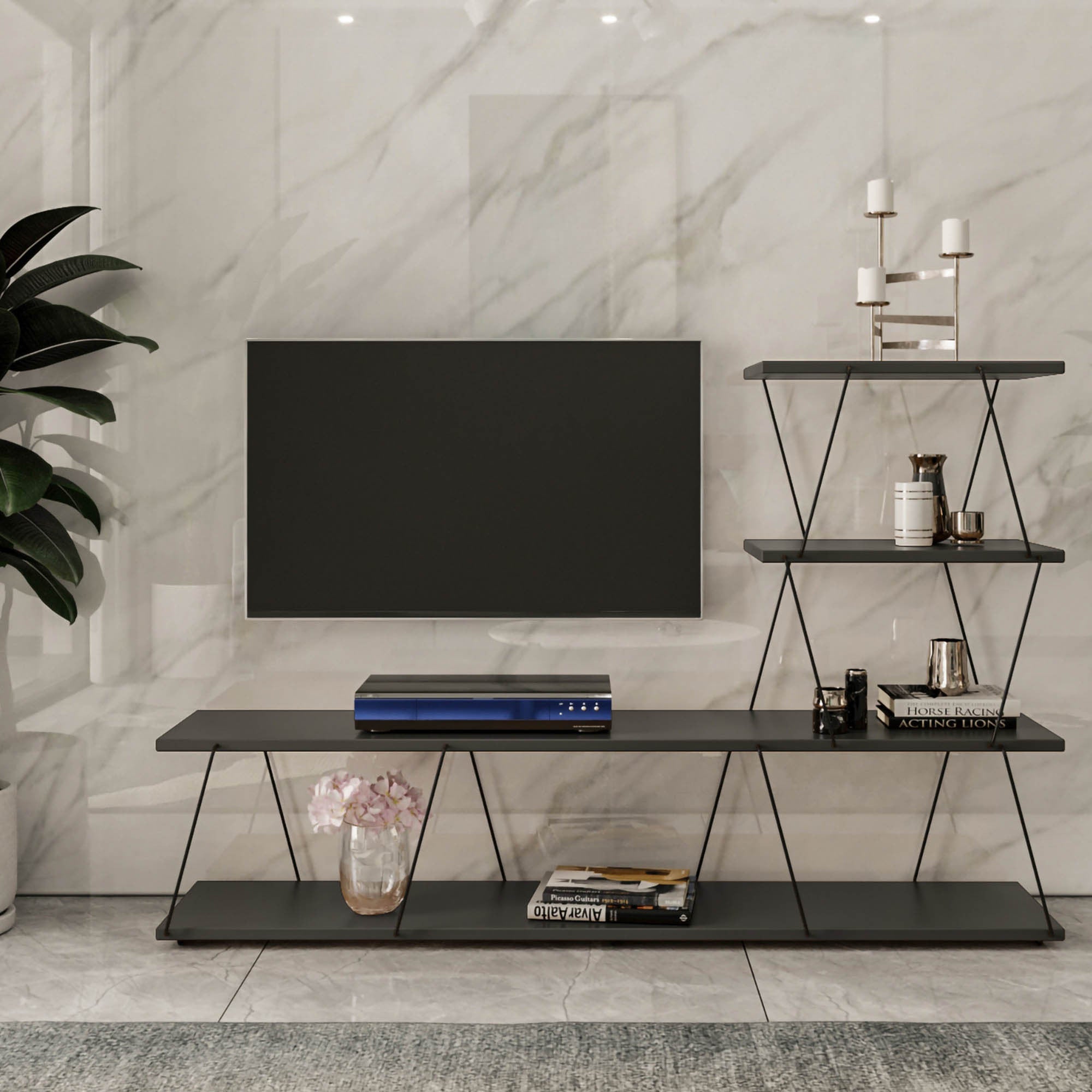 Suporte de TV moderno, antracite, 150 x 93 x 30 cm | Painel de partículas 100% revestido em melamina, 18 mm de espessura | Montável na parede, várias prateleiras, design industrial