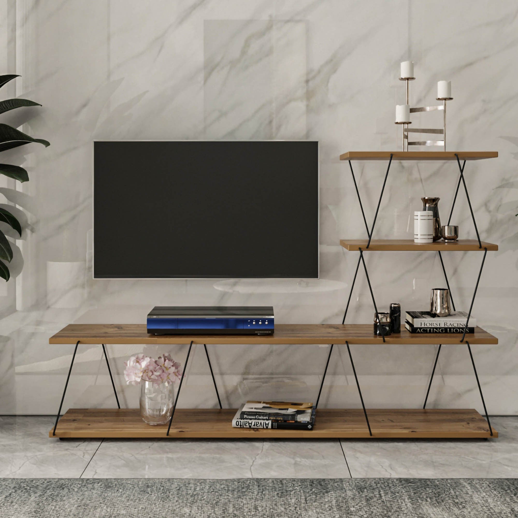 Suporte de TV elegante em pinho, 150 cm de largura, 93 cm de altura, 30 cm de profundidade | 100% revestido em melamina, 18 mm de espessura | Montável na parede com várias prateleiras para salas de estar modernas