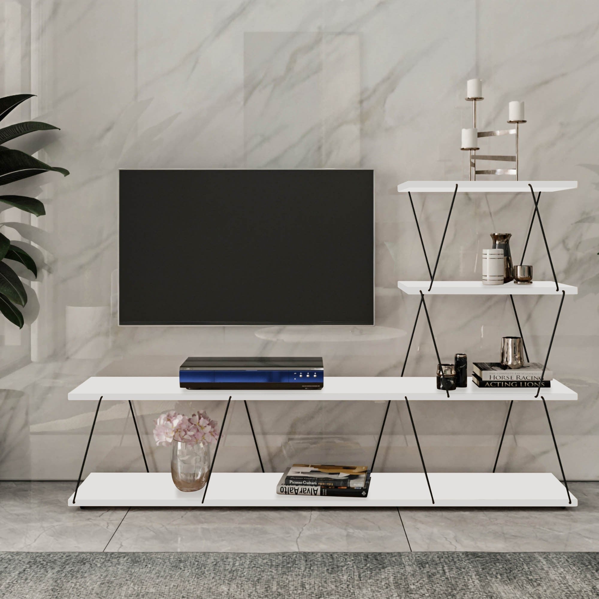 Suporte de TV moderno branco, 150 cm de largura, 93 cm de altura, 30 cm de profundidade | Painel de partículas 100% revestido de melamina, 18 mm de espessura | Montável na parede com várias prateleiras