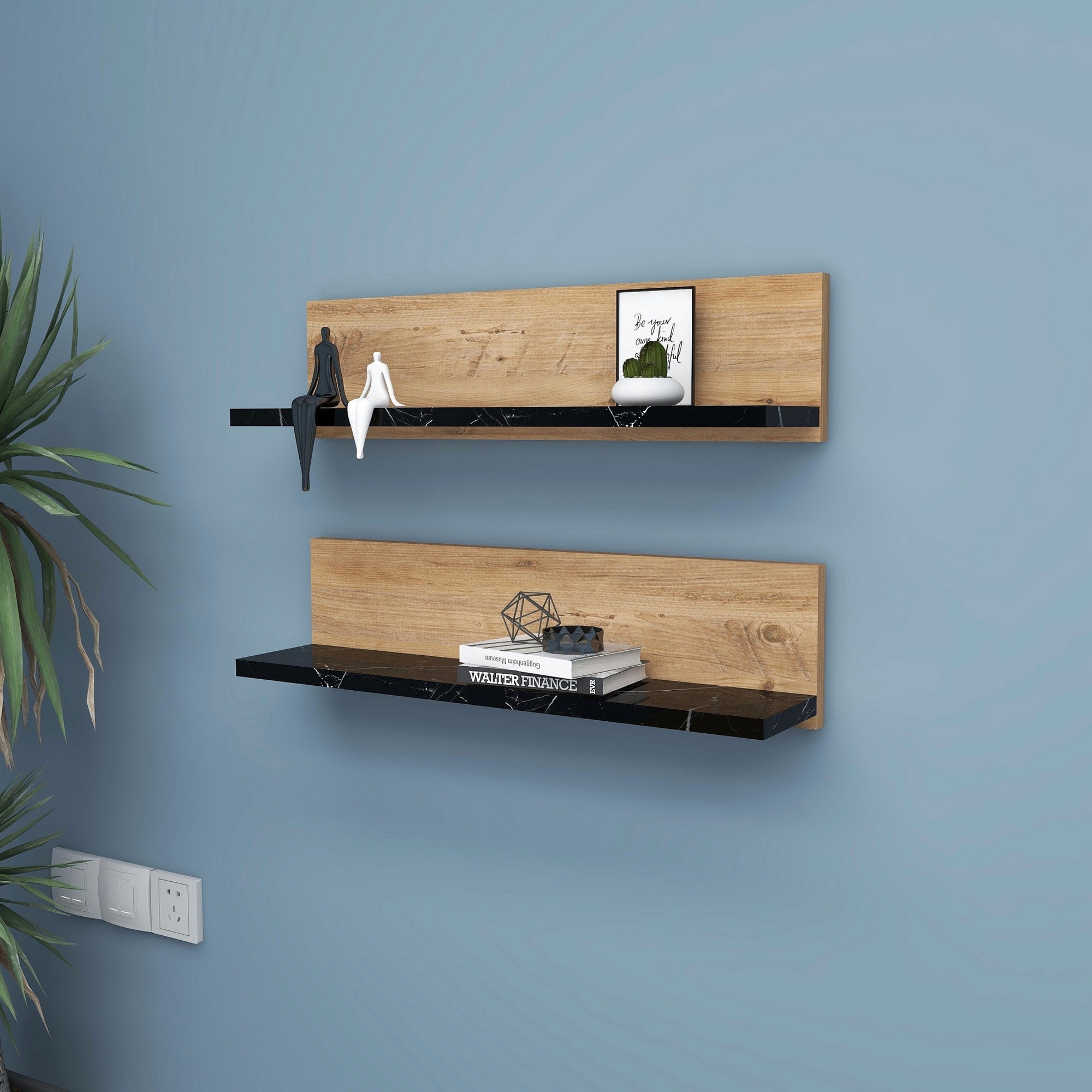 Prateleira de parede estilosa (2 peças), pinho atlântico e preto, 60 x 15 x 13 cm | Painel de partículas 100% revestido com melamina | Perfeito para decoração e organização de casa moderna